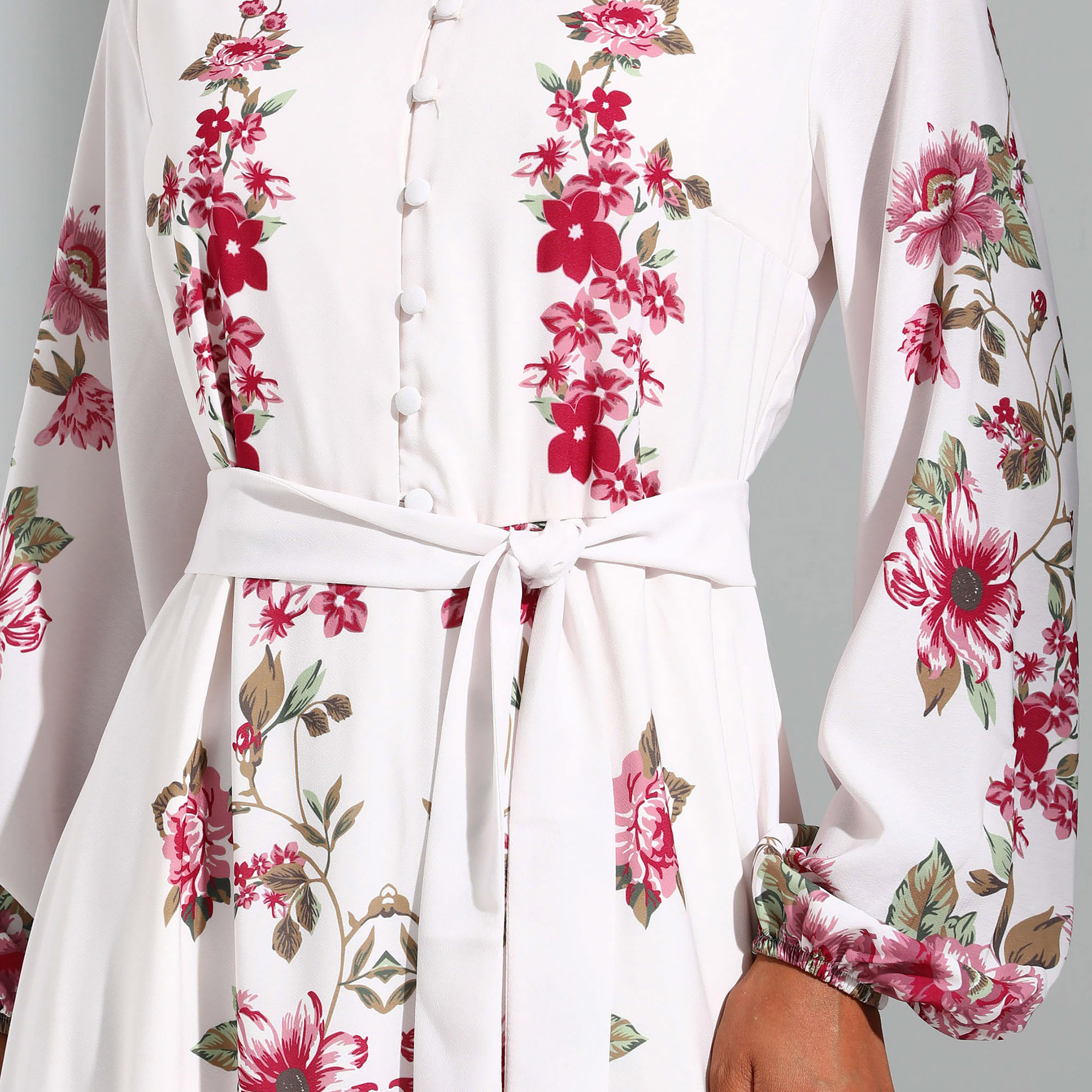 Modanisa Floral Mandarin Neck Front Tie-Up Belted Dress-women-clothing-dresses-image-3