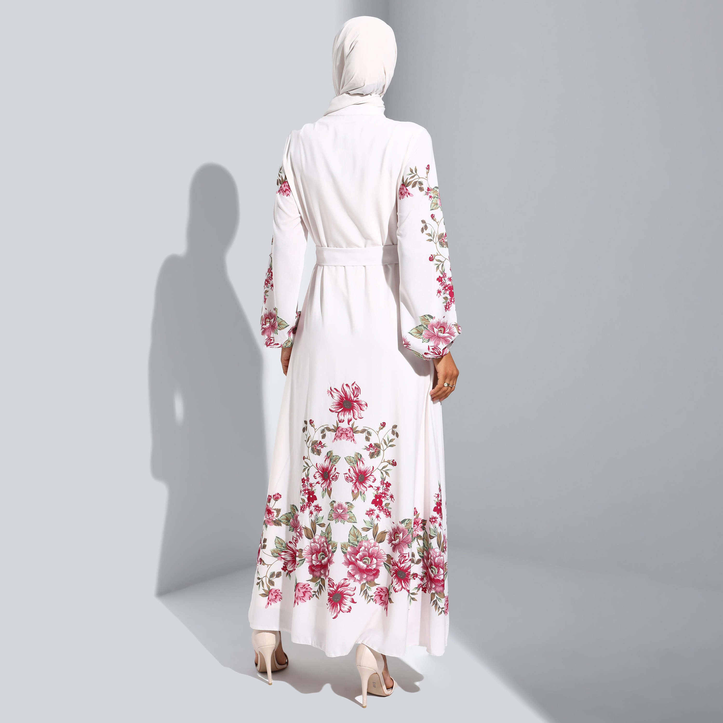 Modanisa Floral Mandarin Neck Front Tie-Up Belted Dress-women-clothing-dresses-image-4