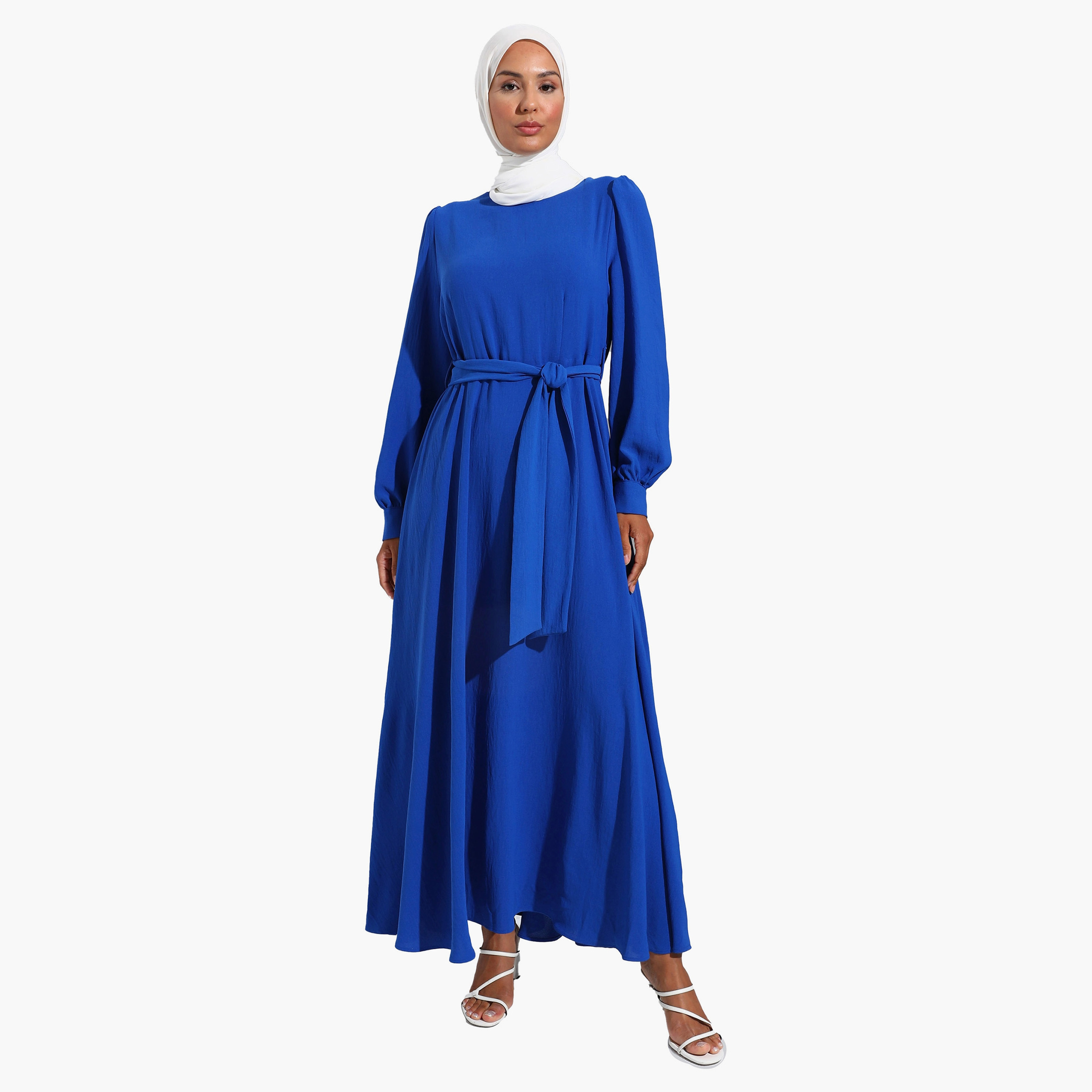 Modanisa Plain Crew Neck Tie Belt Modest Dress-women-clothing-dresses-image-1