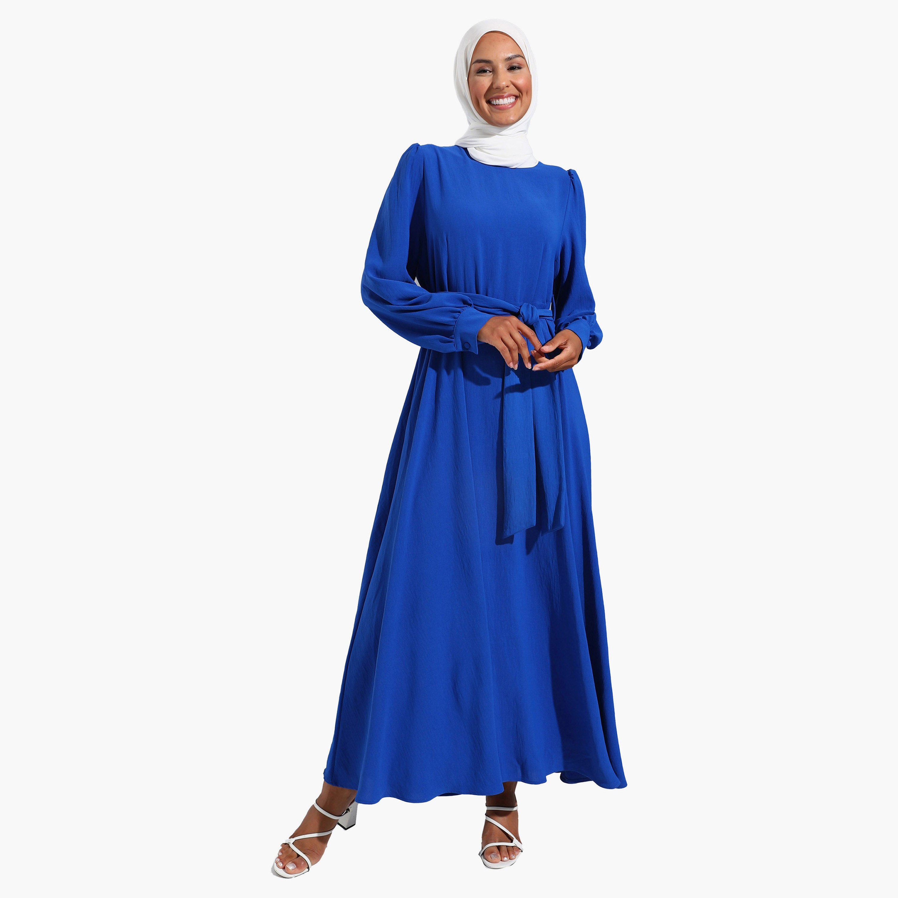 Modanisa Plain Crew Neck Tie Belt Modest Dress-women-clothing-dresses-image-2