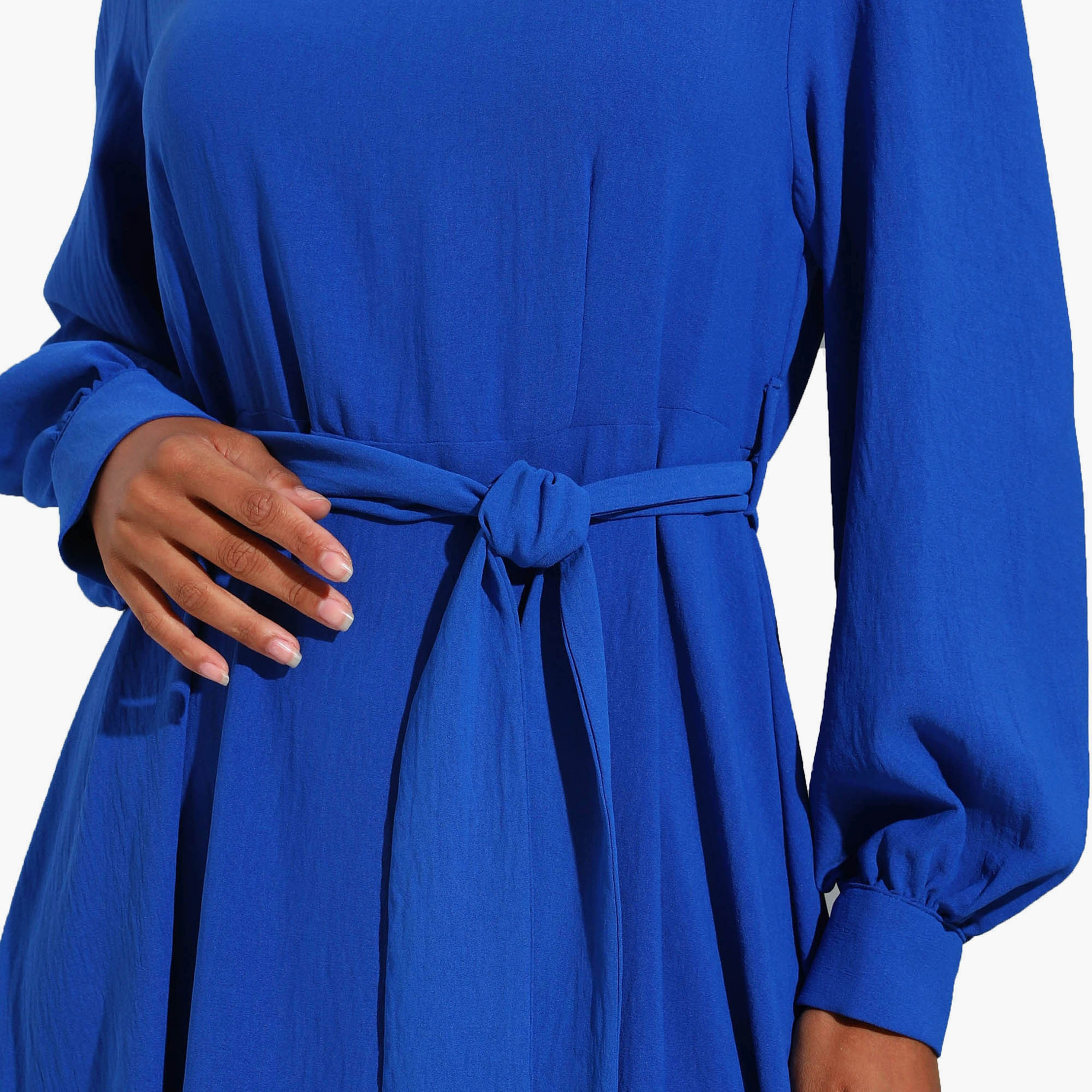 Modanisa Plain Crew Neck Tie Belt Modest Dress-women-clothing-dresses-image-4