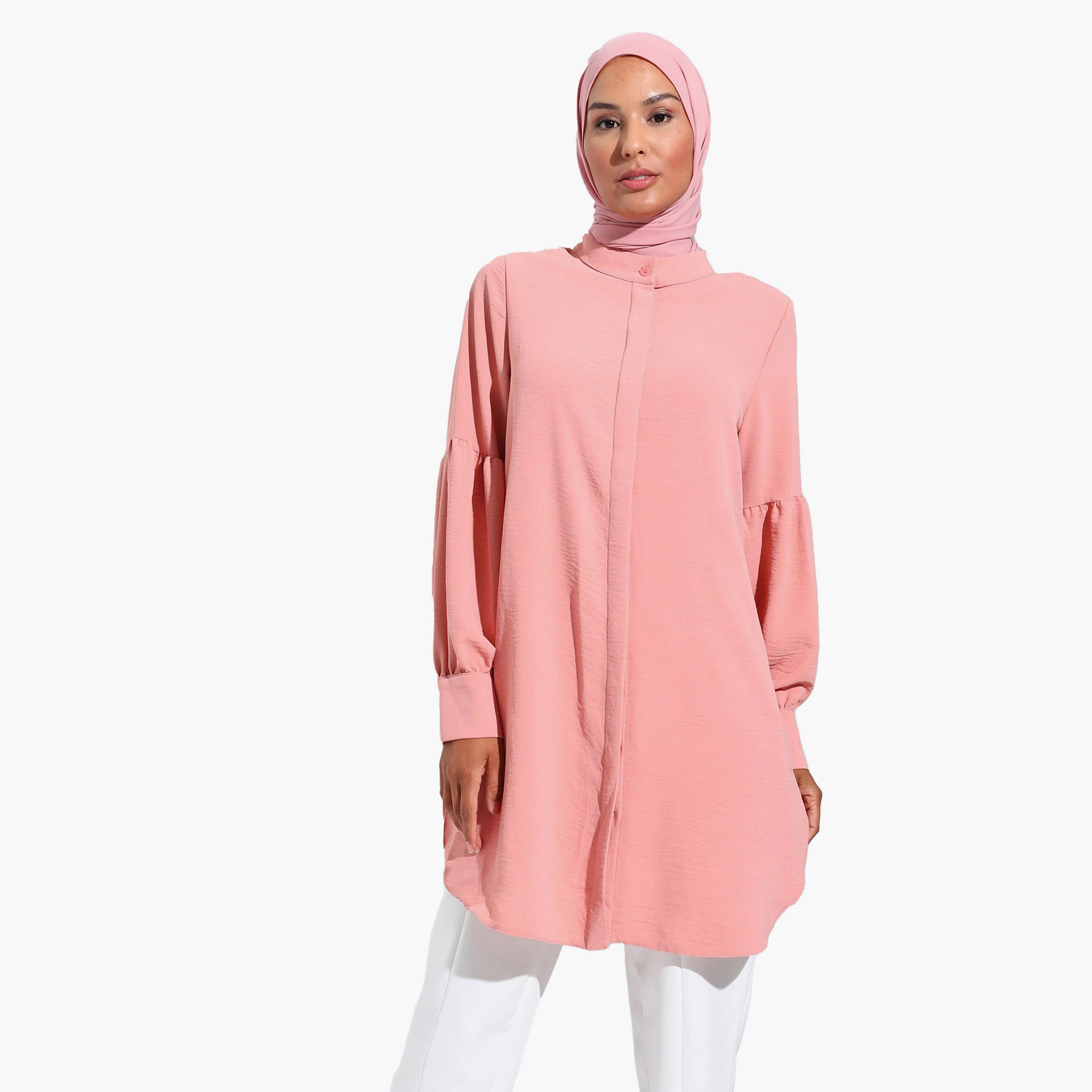 Modanisa Plain Mandarin Collar Long Sleeves Tunic with Button Closure-women-clothing-shirtsandblouses-blouses-image-1