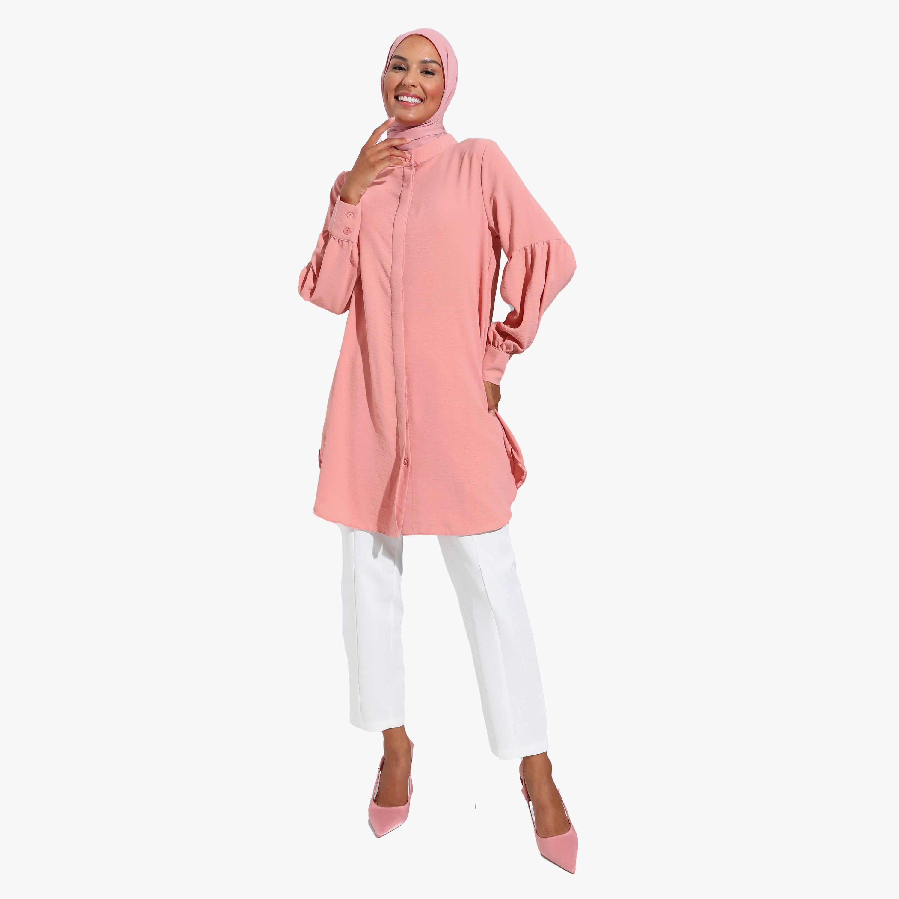 بلوزة تونيك سادة بياقة ماندارين وأكمام طويلة مع إغلاق الزر من مودانيشا-women-clothing-shirtsandblouses-blouses-image-2
