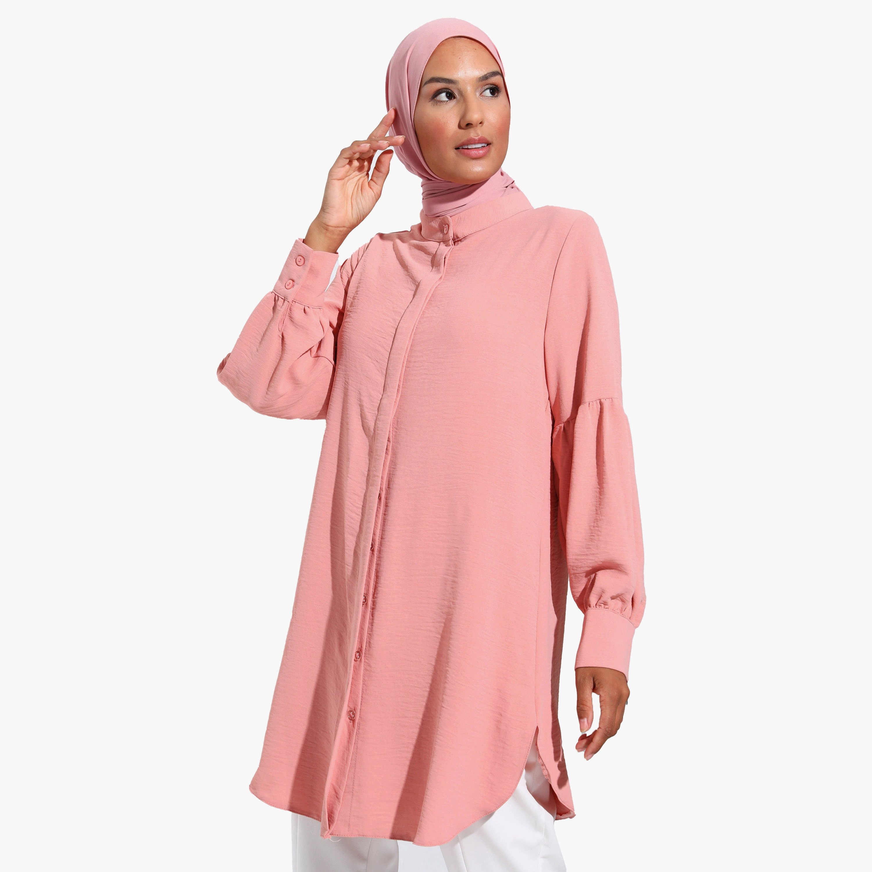 Modanisa Plain Mandarin Collar Long Sleeves Tunic with Button Closure-women-clothing-shirtsandblouses-blouses-image-3