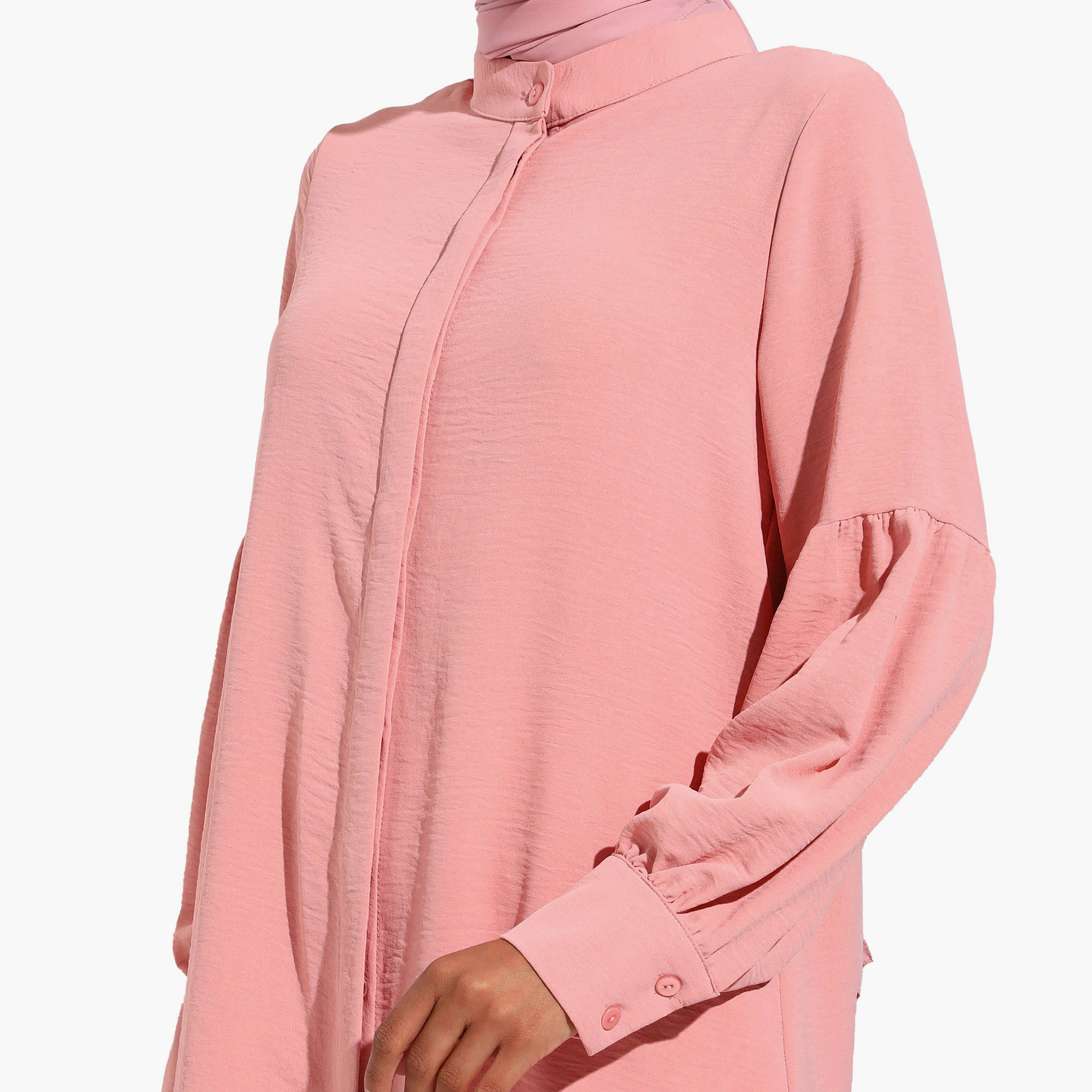 بلوزة تونيك سادة بياقة ماندارين وأكمام طويلة مع إغلاق الزر من مودانيشا-women-clothing-shirtsandblouses-blouses-image-4
