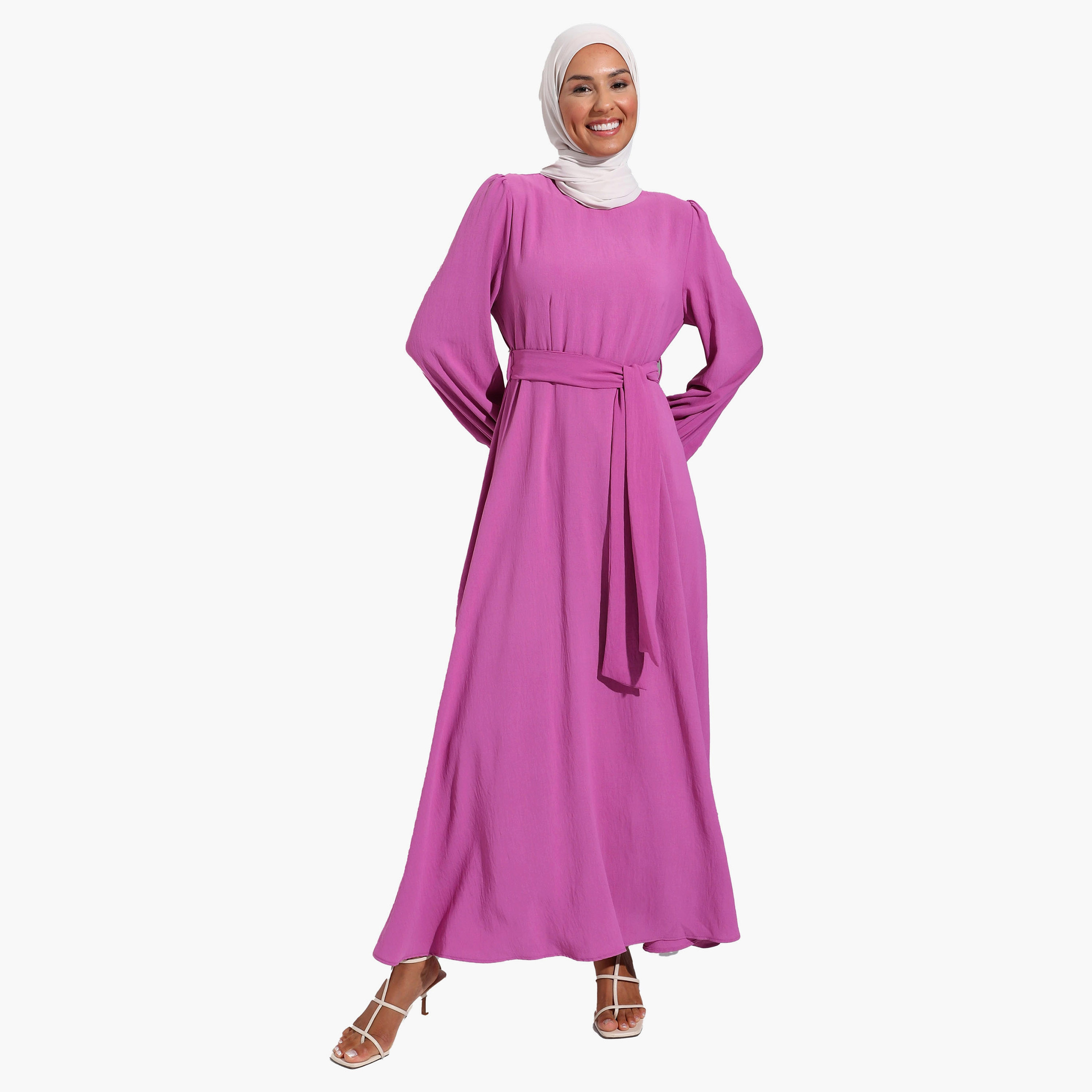 فستان متواضع عادية برقبة دائرية عادي وحزام ربطة من مودانيشا-women-clothing-dresses-image-1