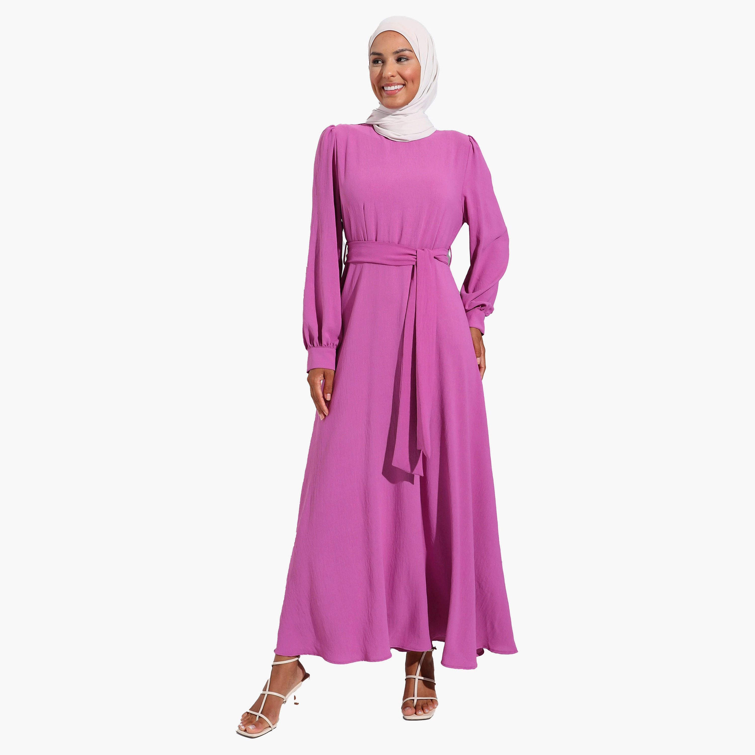 فستان متواضع عادية برقبة دائرية عادي وحزام ربطة من مودانيشا-women-clothing-dresses-image-2