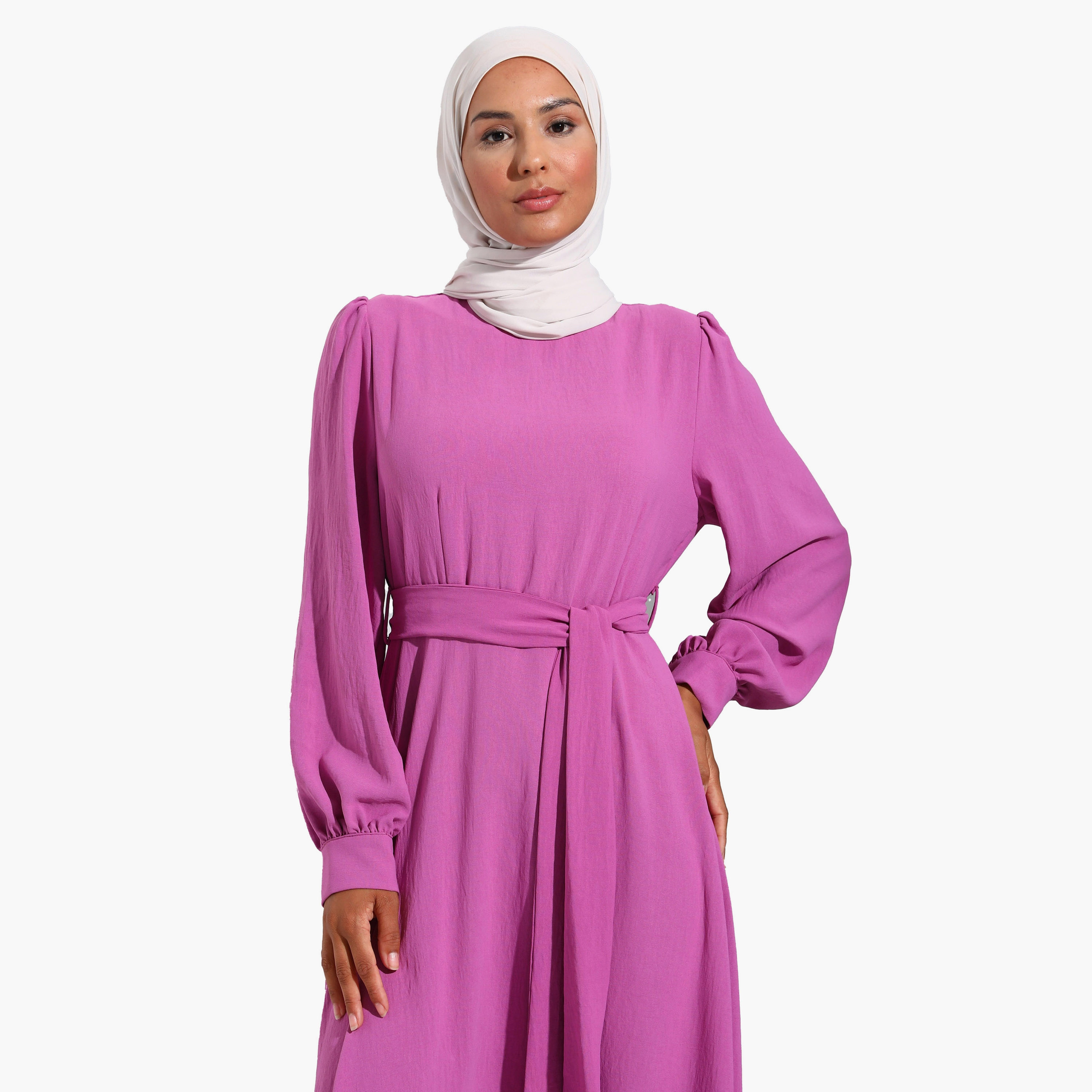 فستان متواضع عادية برقبة دائرية عادي وحزام ربطة من مودانيشا-women-clothing-dresses-image-3