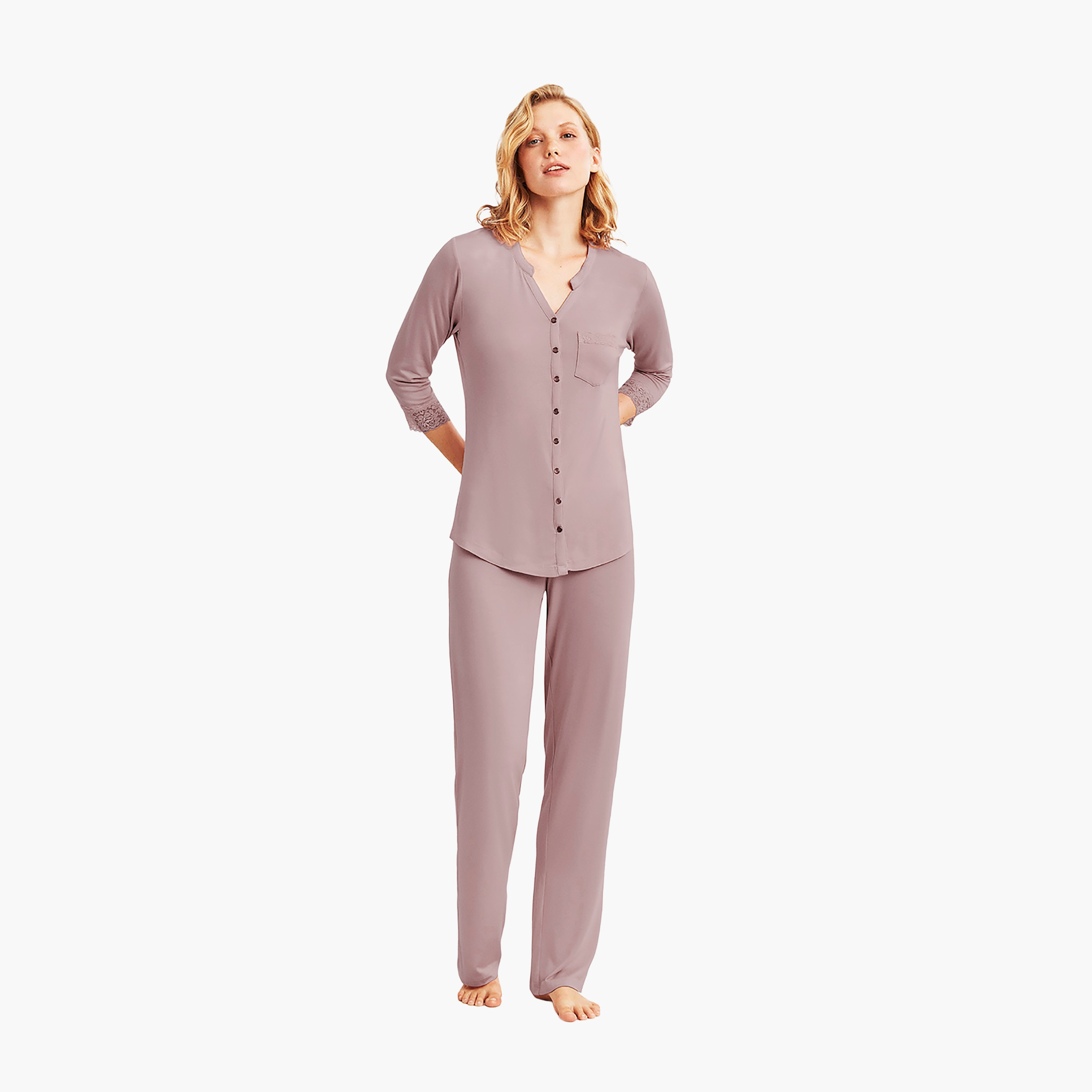 Catherine's Pyjama Set with Plain Mandarin Collared Slip Shirt and Women's Pyjama-women-clothing-nightwear-pyjamas-longsets-image-1