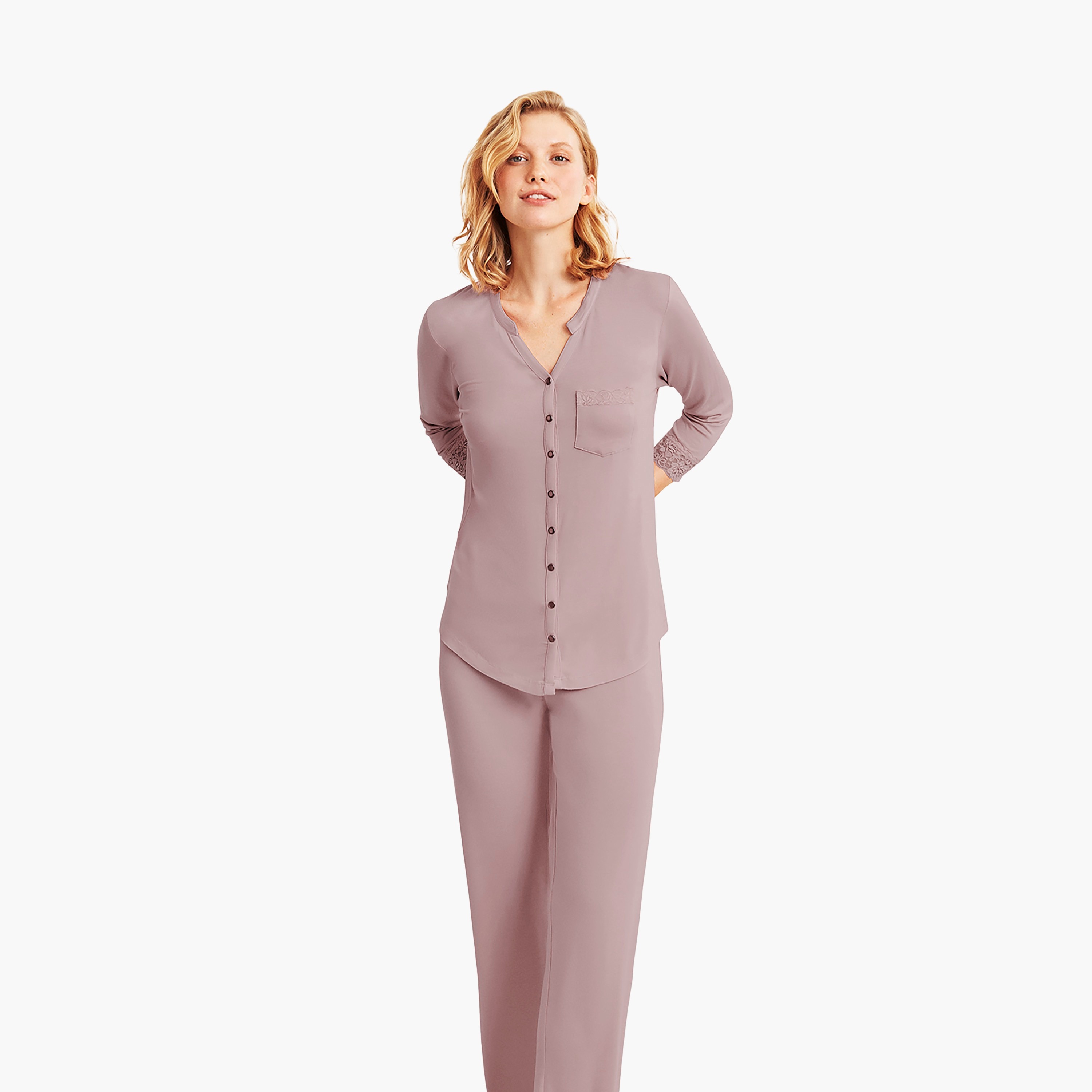 Catherine's Pyjama Set with Plain Mandarin Collared Slip Shirt and Women's Pyjama-women-clothing-nightwear-pyjamas-longsets-image-3