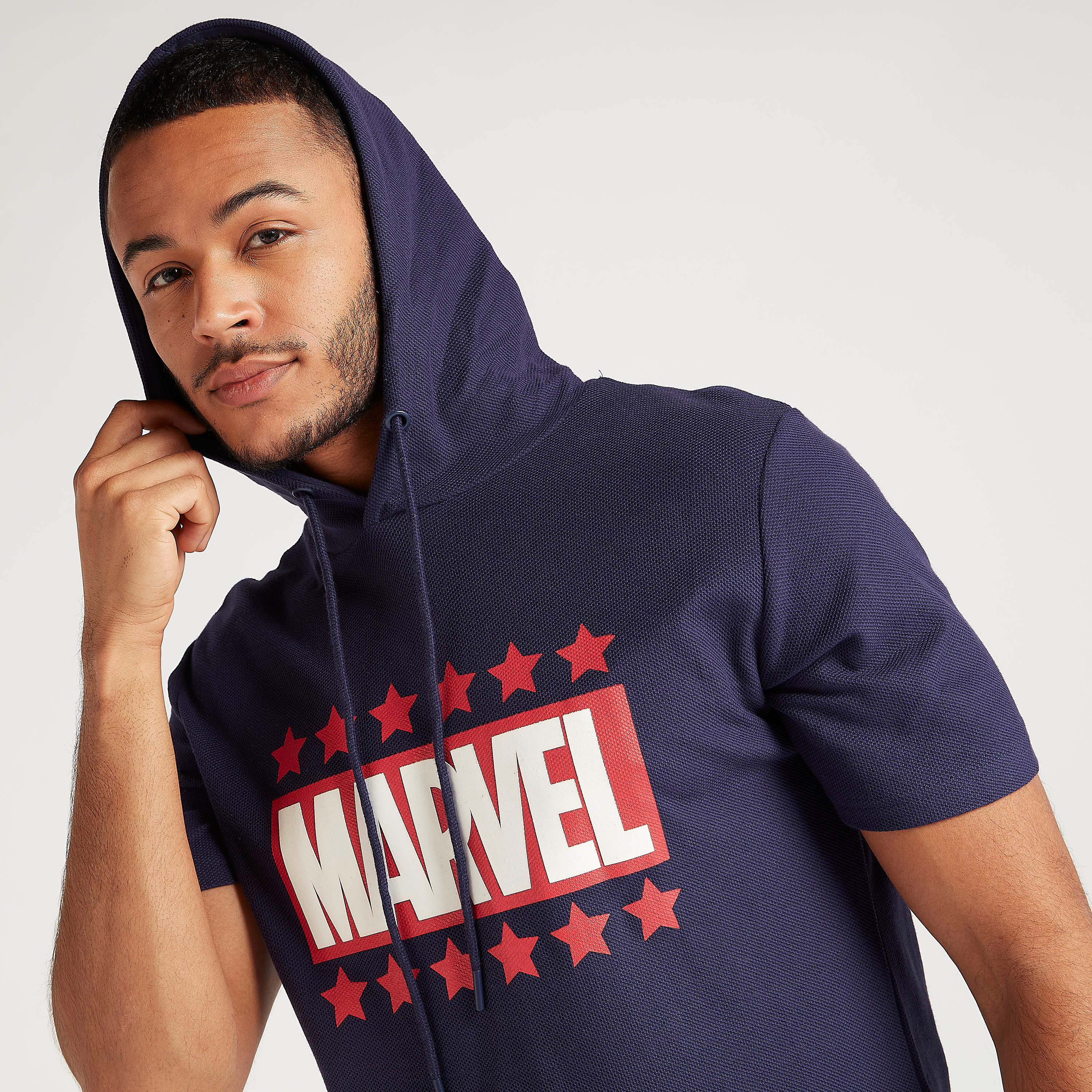 Buy Marvel Print Hooded T shirt with Short Sleeves Splash UAE