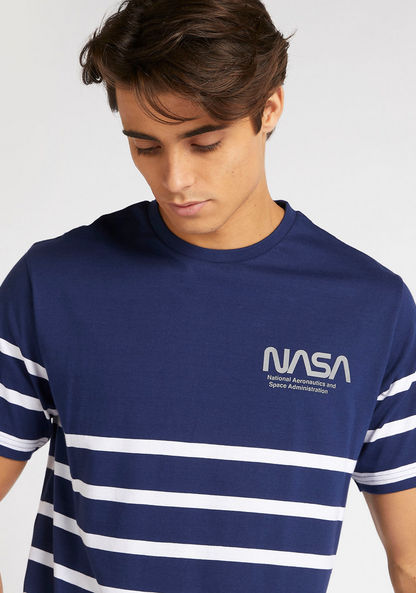 NASA Print Striped Crew Neck T-shirt with Short Sleeves