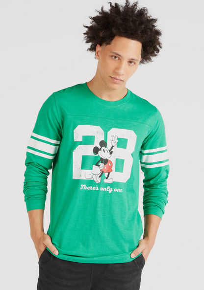 Mickey Mouse Print Crew Neck T-shirt with Long Sleeves