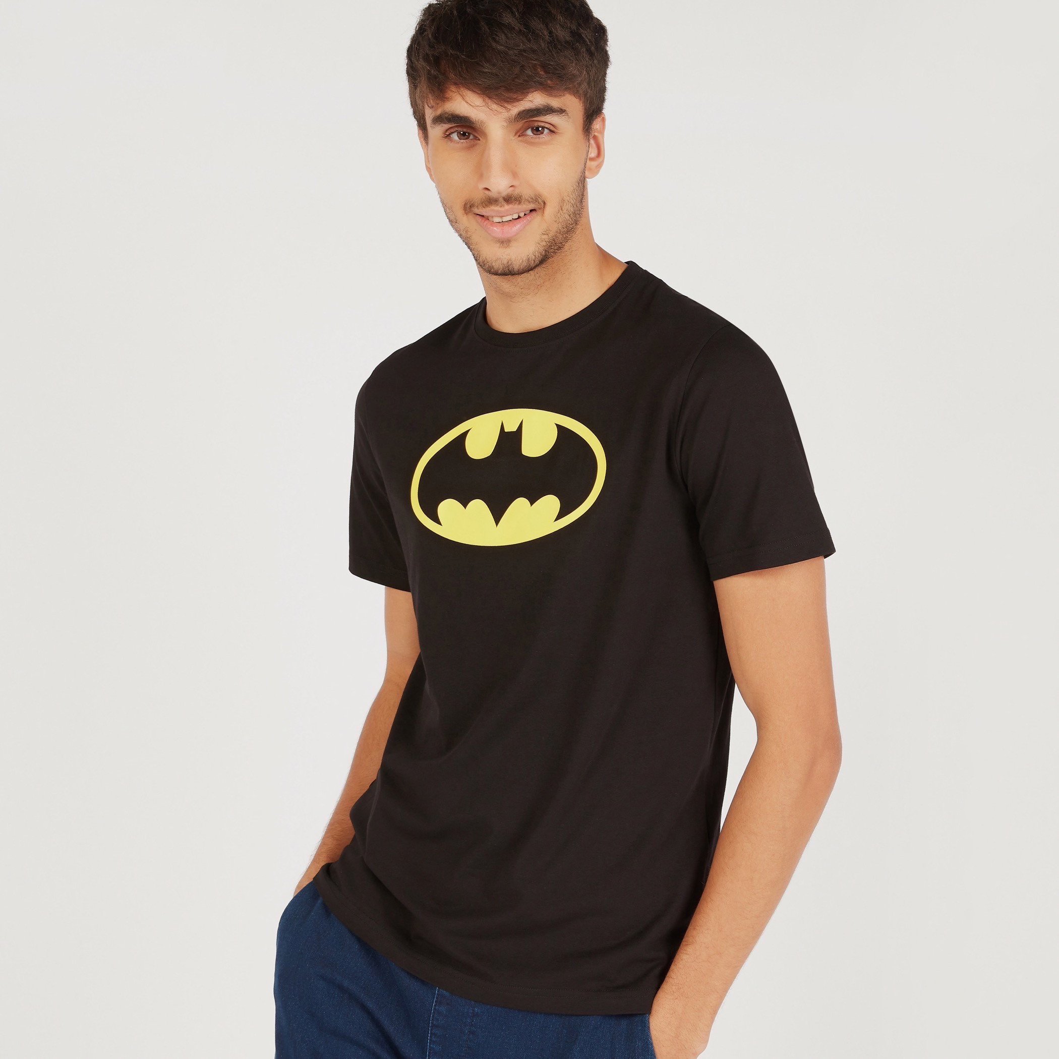 Batman Print Crew Neck T shirt with Short Sleeves