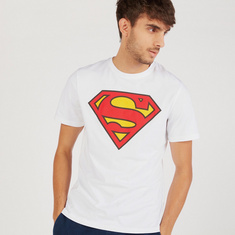 Superman Logo Print Crew Neck T-shirt with Short Sleeves