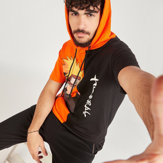 Naruto Print Colourblock T-shirt with Short Sleeves and Hood