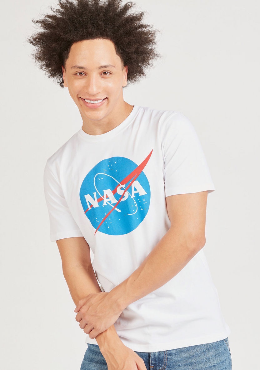 NASA Print Crew Neck T-shirt with Short Sleeves-T Shirts-image-4