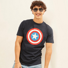 Captain America Print T-shirt with Crew Neck and Short Sleeves