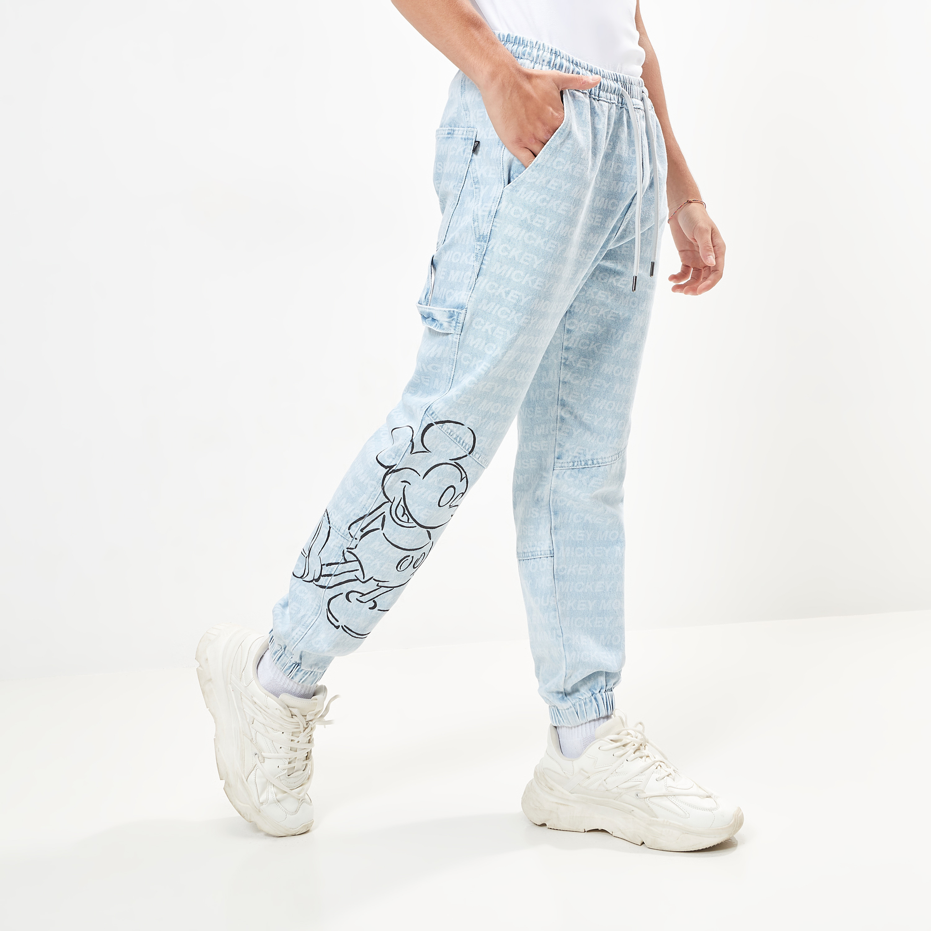 Buy Mickey Mouse Print Denim Joggers with Drawstring Closure and