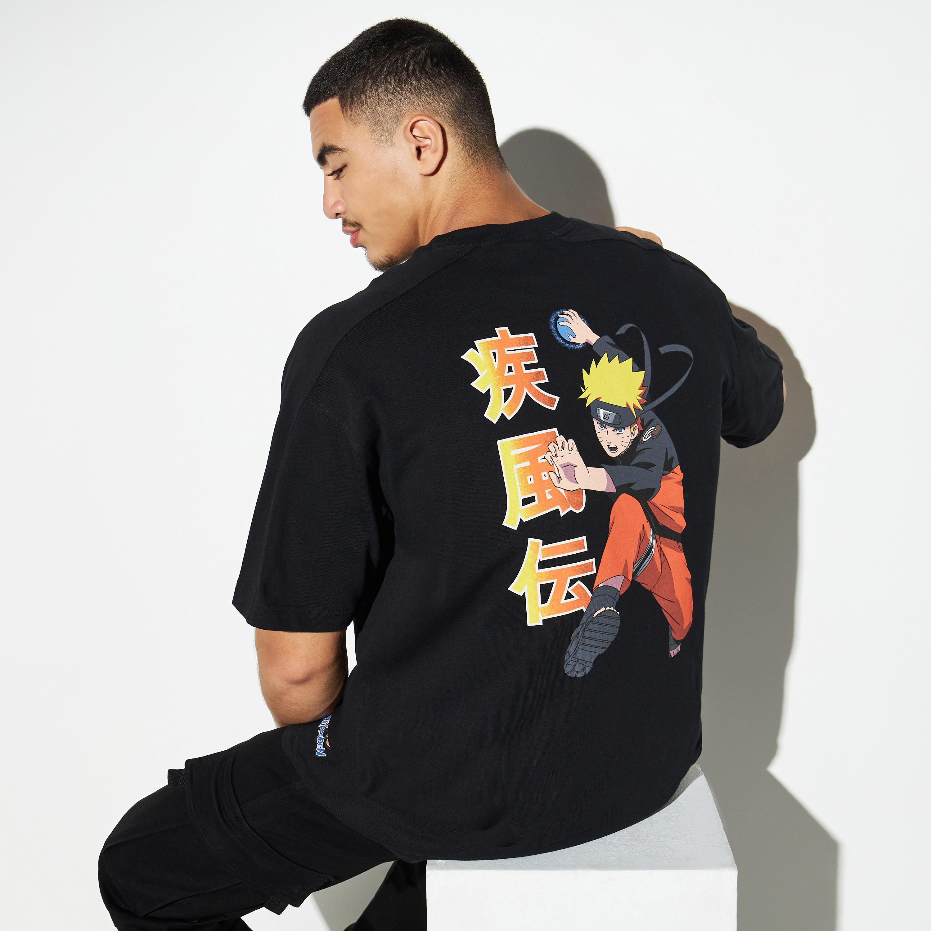 Shop Naruto Print Panelled T-shirt with Crew Neck and Short