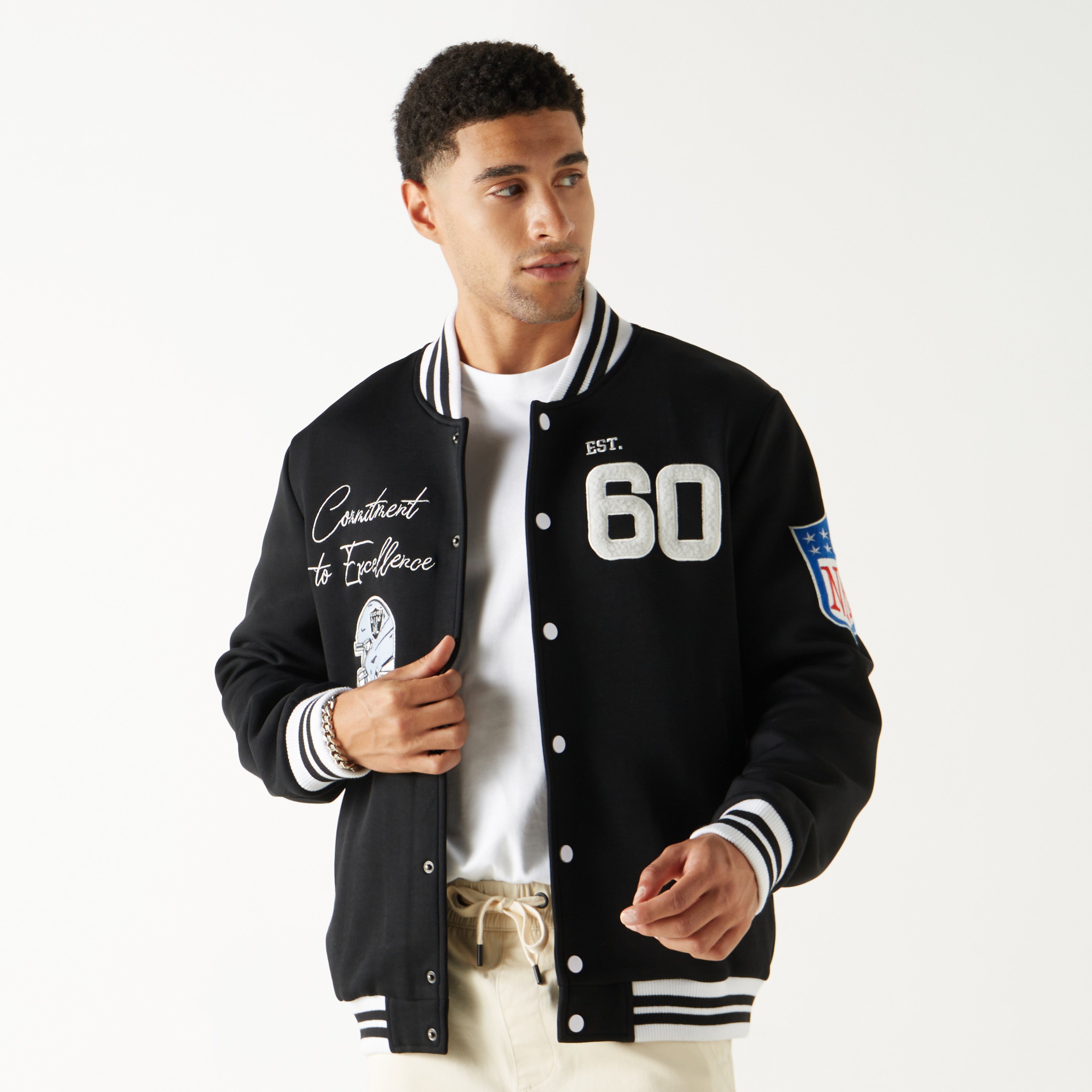 Raiders Logo Detail Button Up Bomber Jacket with Long Sleeves