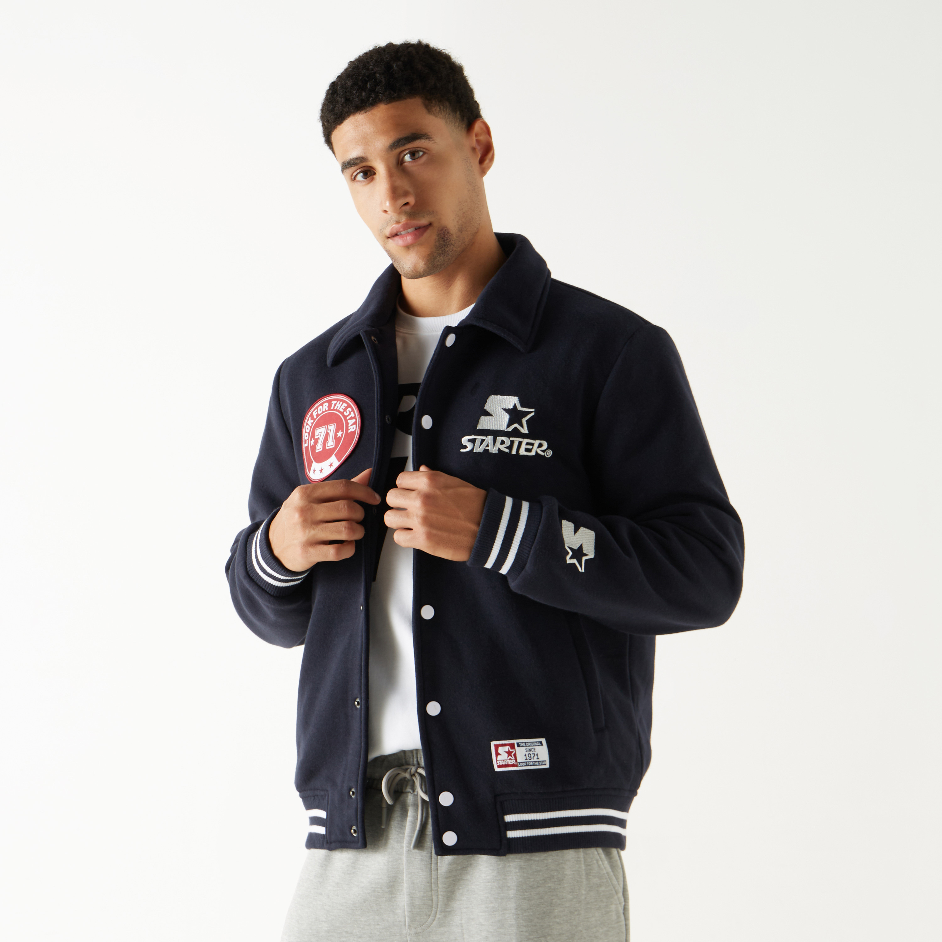 Starter Logo Detail Button Up Varsity Jacket with Long Sleeves-men-clothing-jacketsandblazers-jackets-image-1