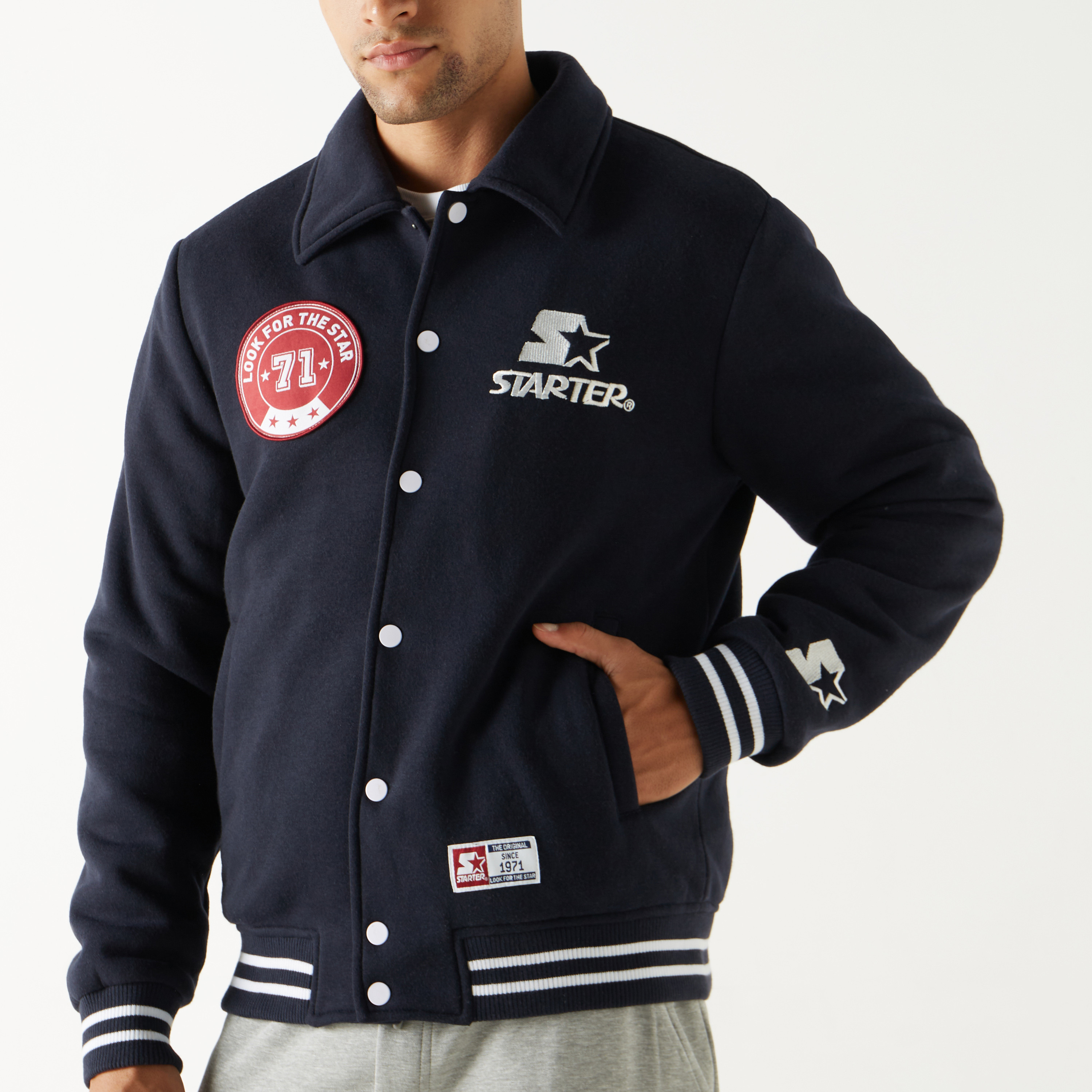 Starter Logo Detail Button Up Varsity Jacket with Long Sleeves-men-clothing-jacketsandblazers-jackets-image-4