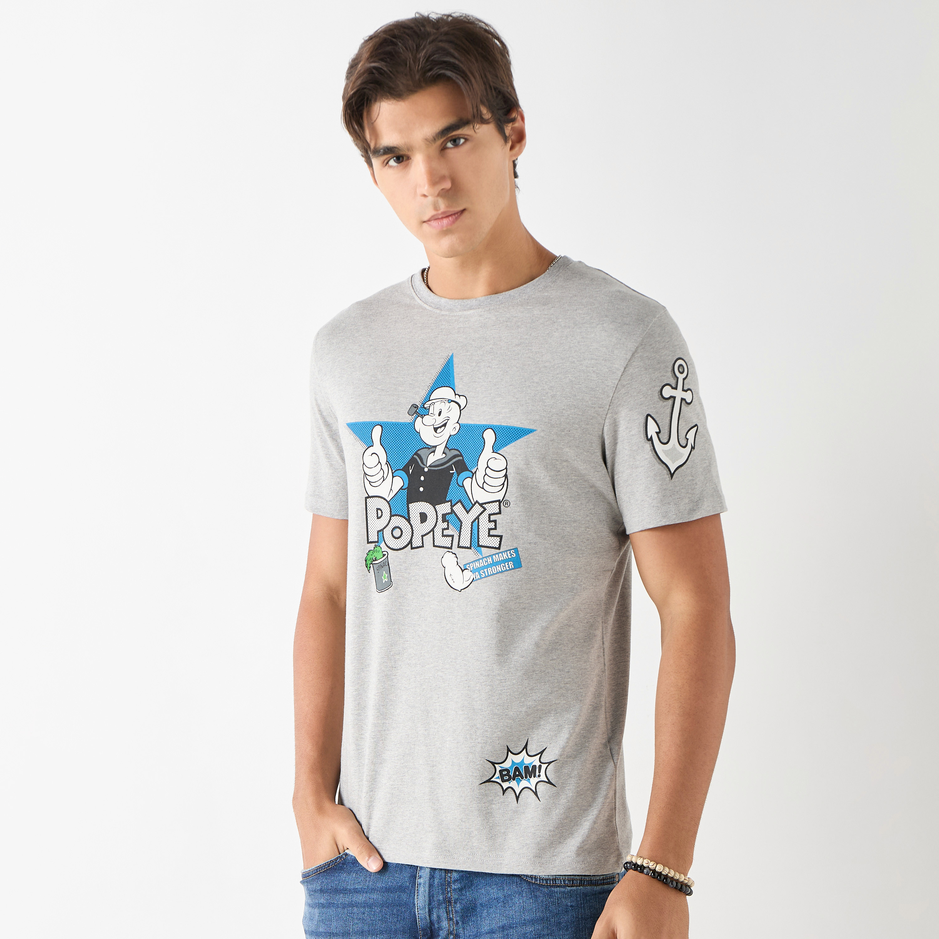 Shop Popeye Print Crew Neck T-shirt with Short Sleeves Online