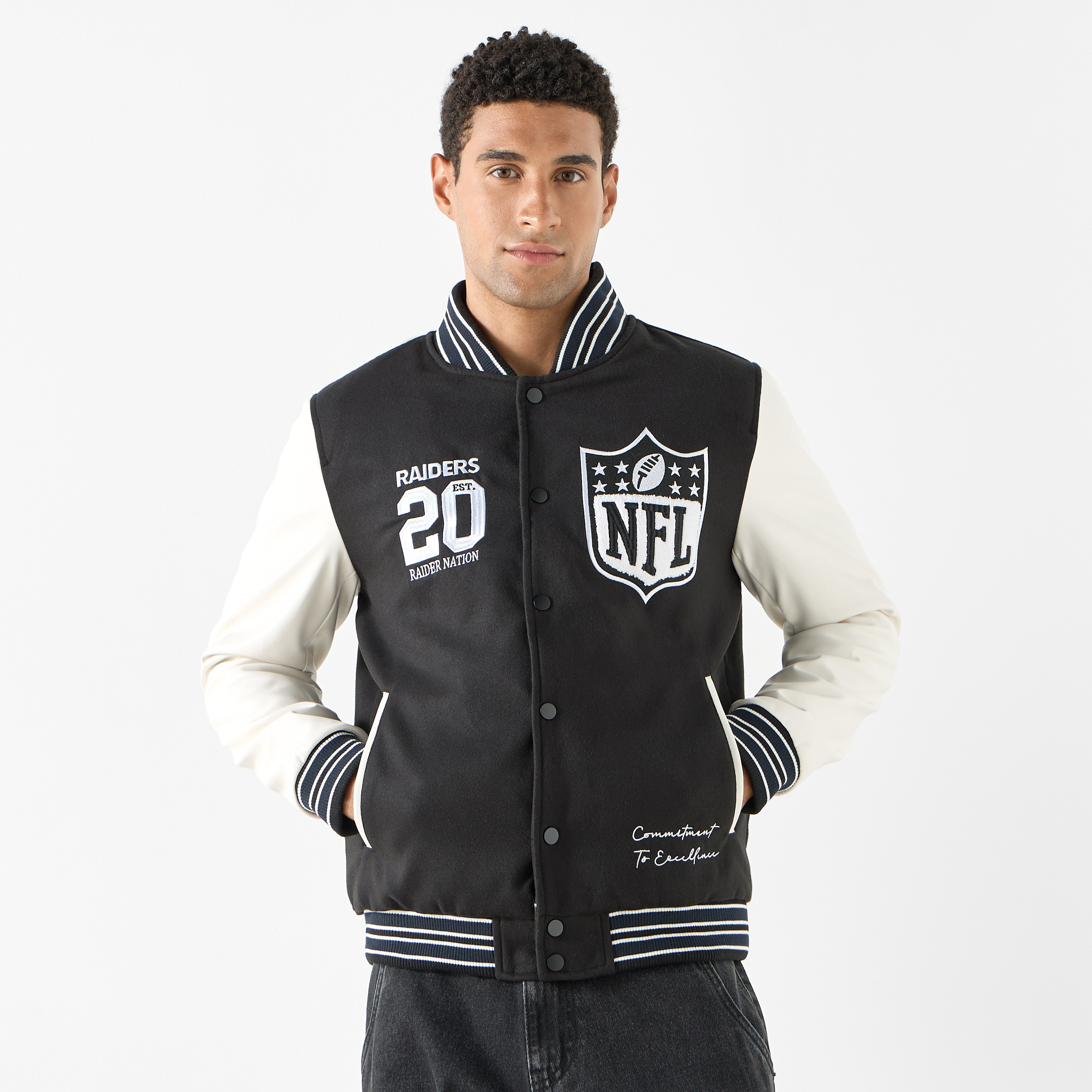 The Las Vegas Raiders Logo Detail Bomber Jacket with Pockets and Long Sleeves-men-clothing-jacketsandblazers-jackets-image-1