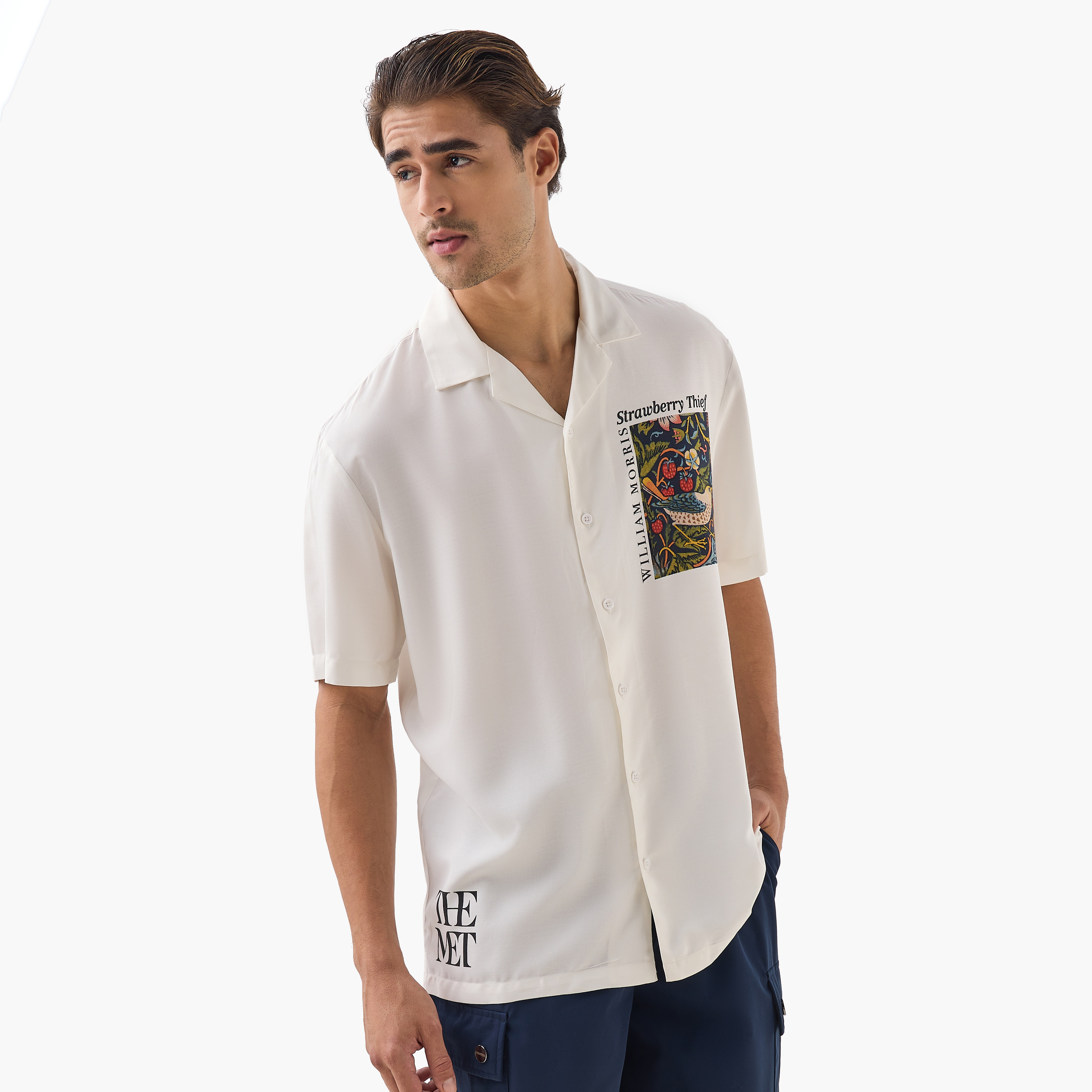 William Morris Strawberry Thief Print Relaxed Fit Shirt with Camp Collar-men-clothing-shirts-image-1