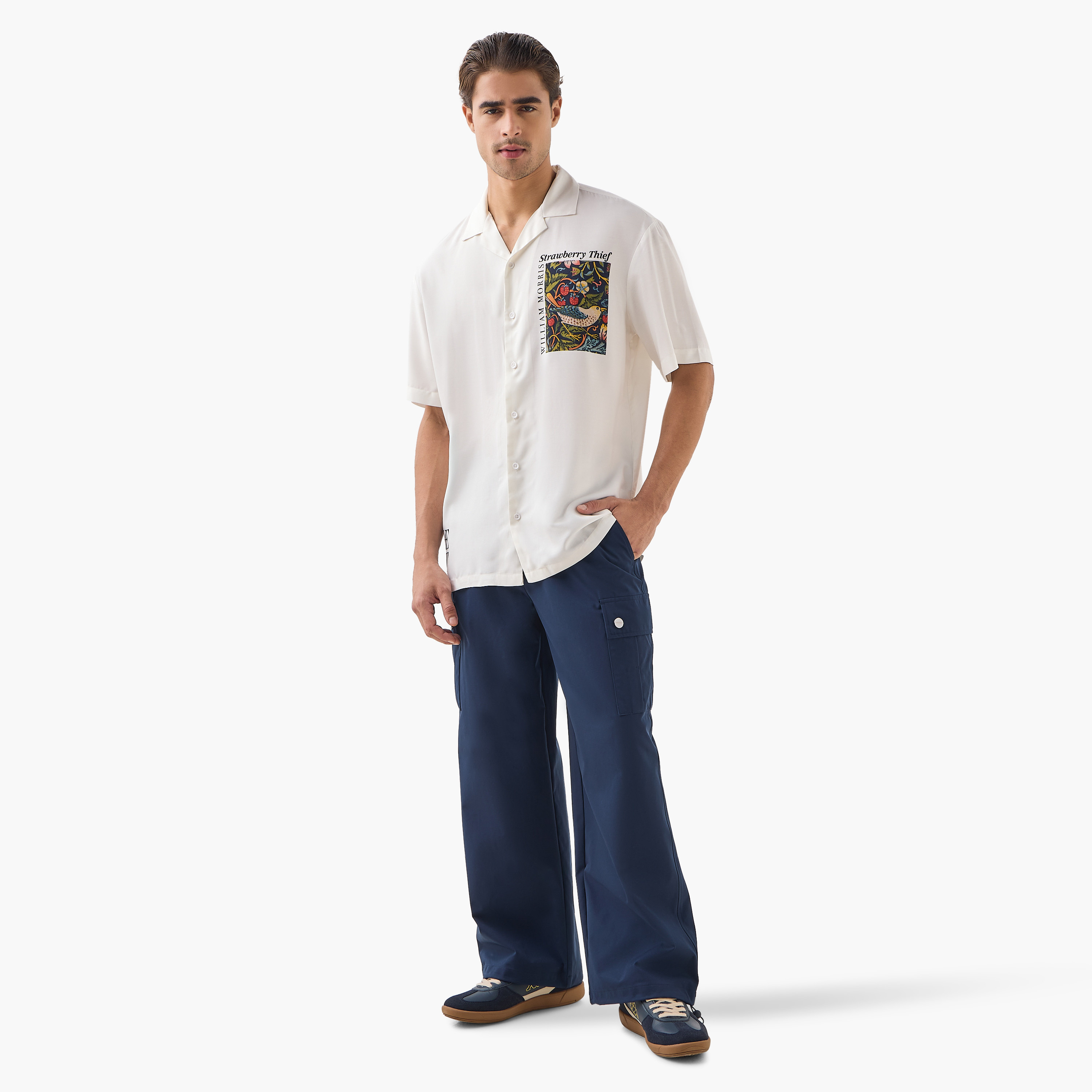 William Morris Strawberry Thief Print Relaxed Fit Shirt with Camp Collar-men-clothing-shirts-image-2