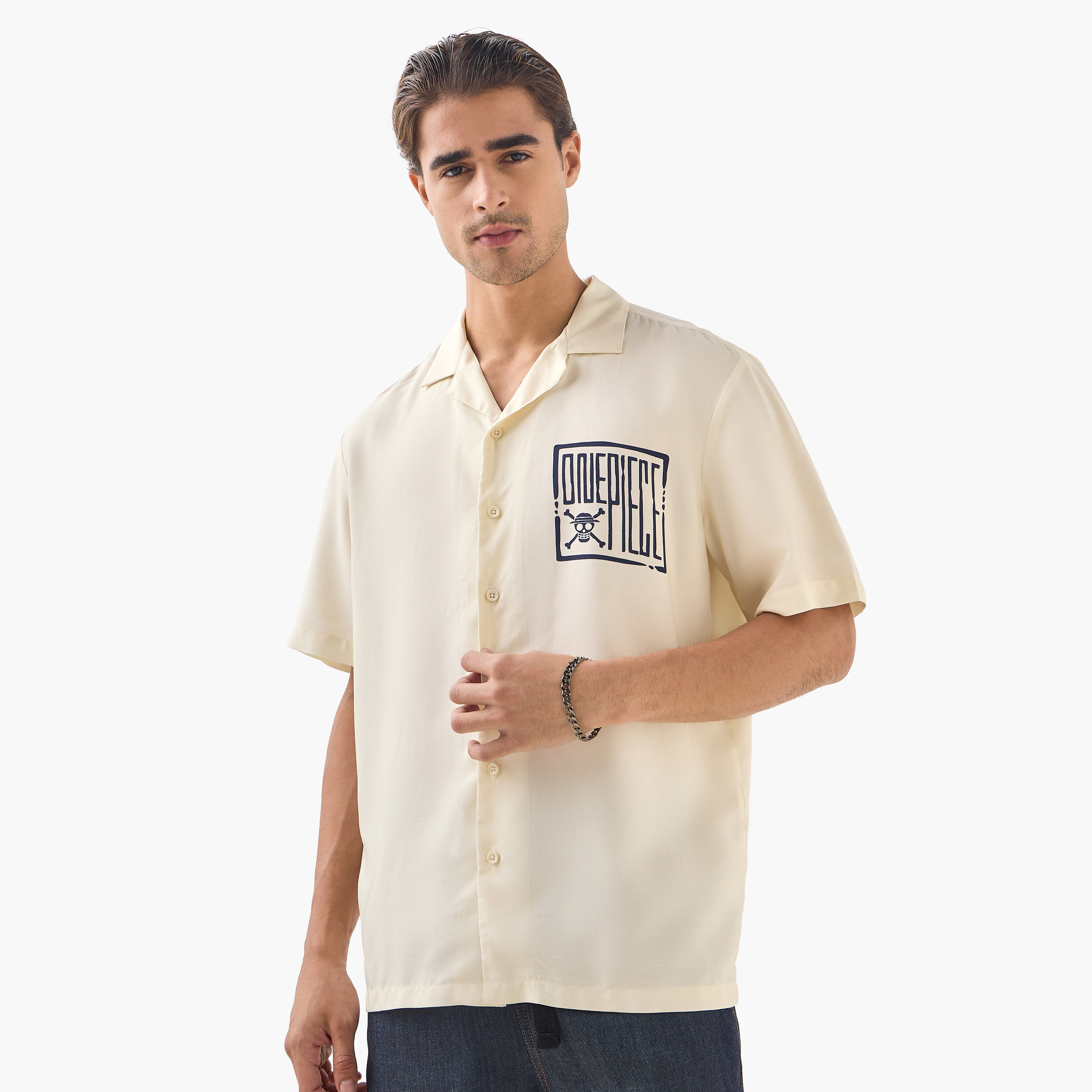 One Piece Print Relaxed Fit Linen Blend Shirt with Camp Collar and Short Sleeves-men-clothing-shirts-image-3