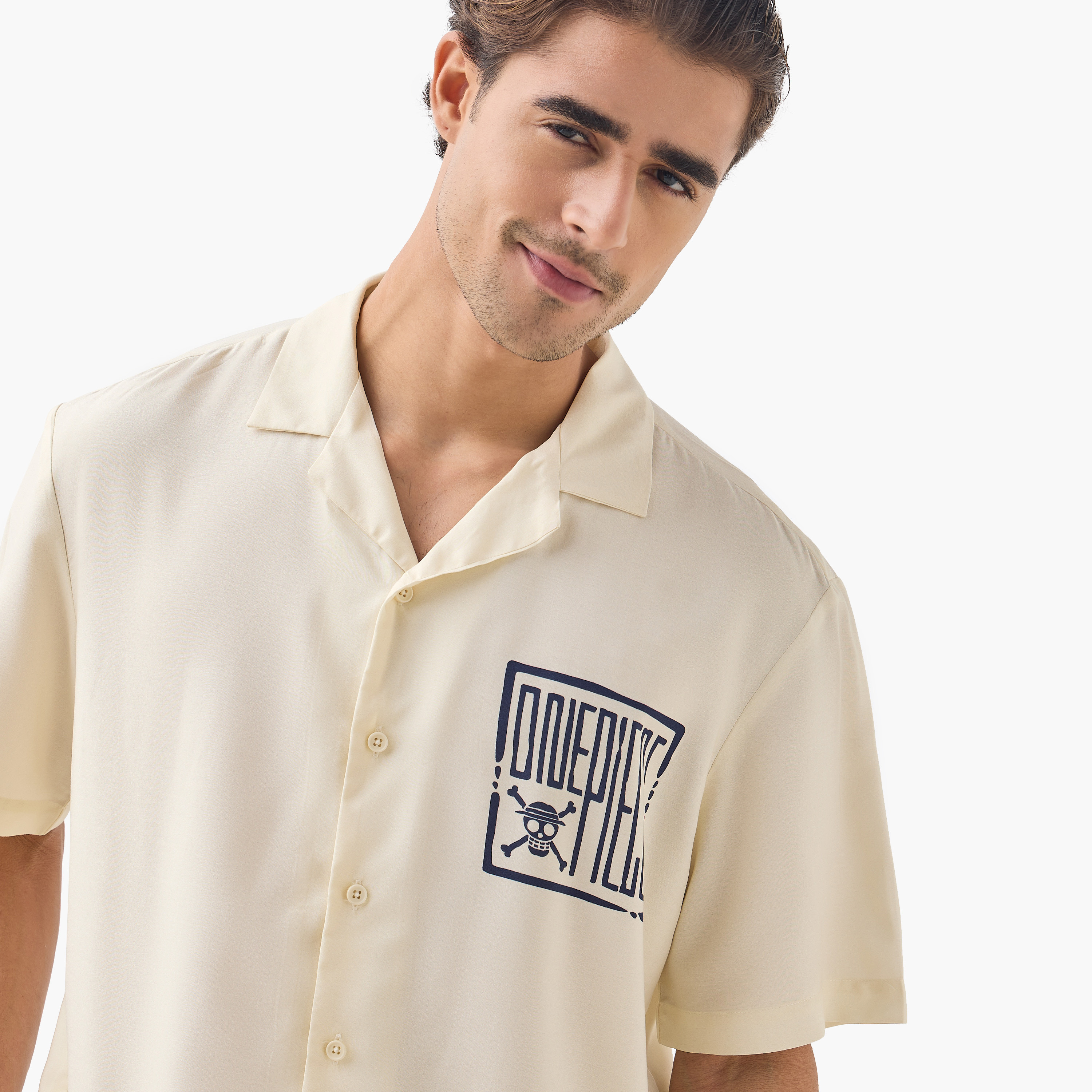 One Piece Print Relaxed Fit Linen Blend Shirt with Camp Collar and Short Sleeves-men-clothing-shirts-image-4