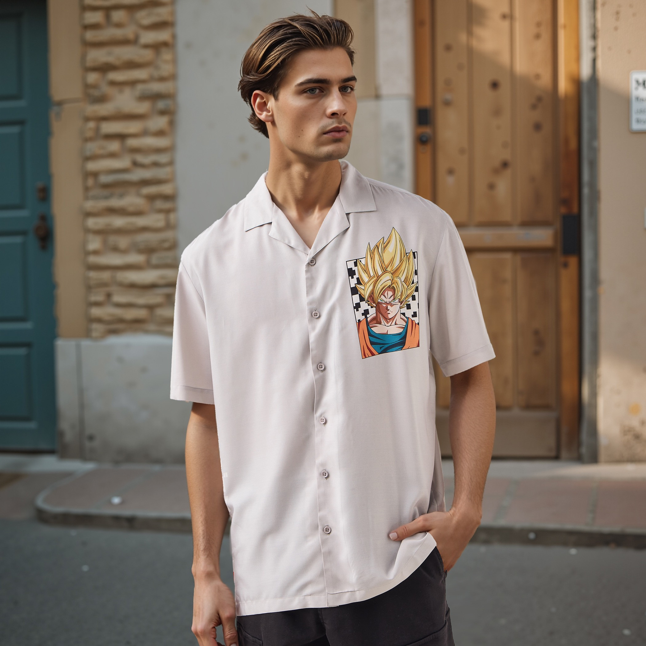 Goku Print Relaxed Fit Linen Blend Shirt with Camp Collar and Short Sleeves-men-clothing-shirts-image-1