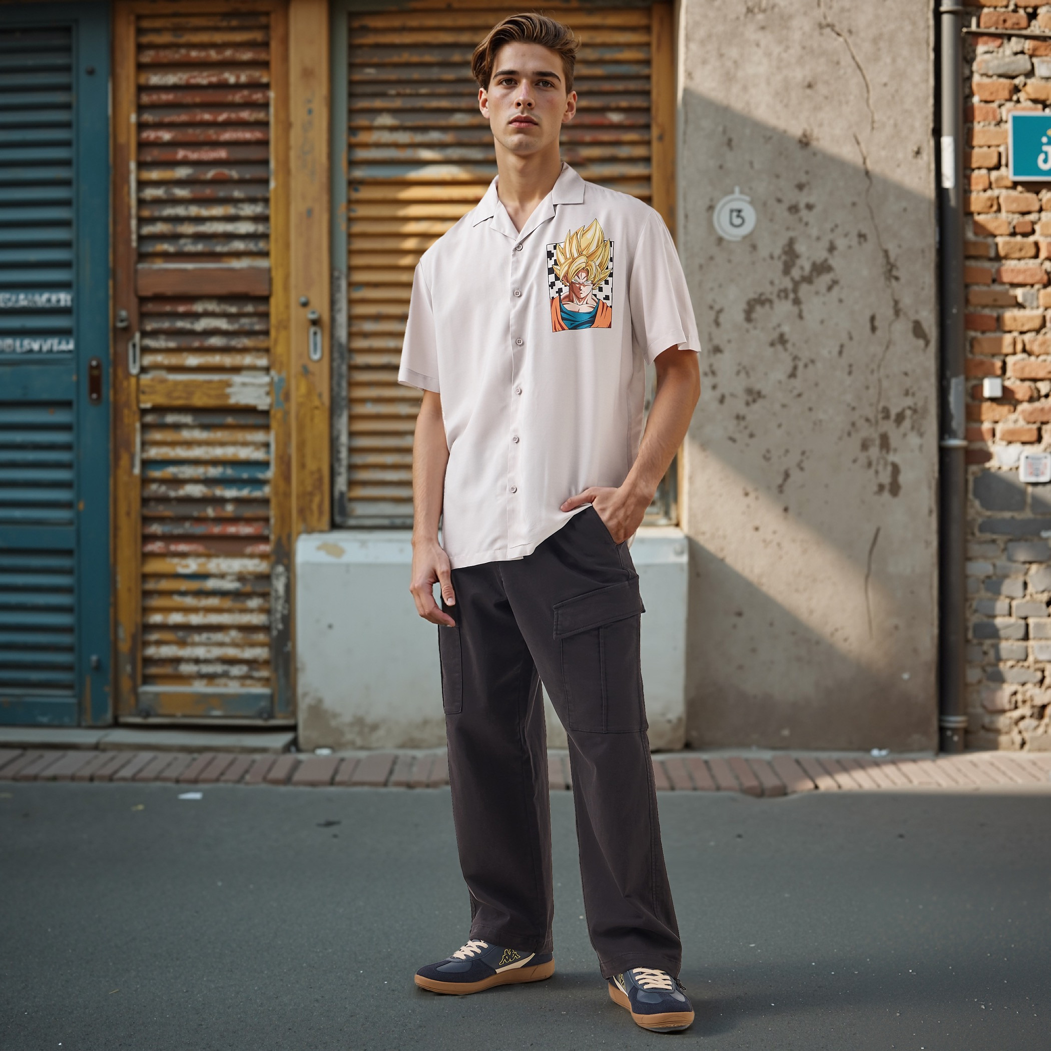 Goku Print Relaxed Fit Linen Blend Shirt with Camp Collar and Short Sleeves-men-clothing-shirts-image-2