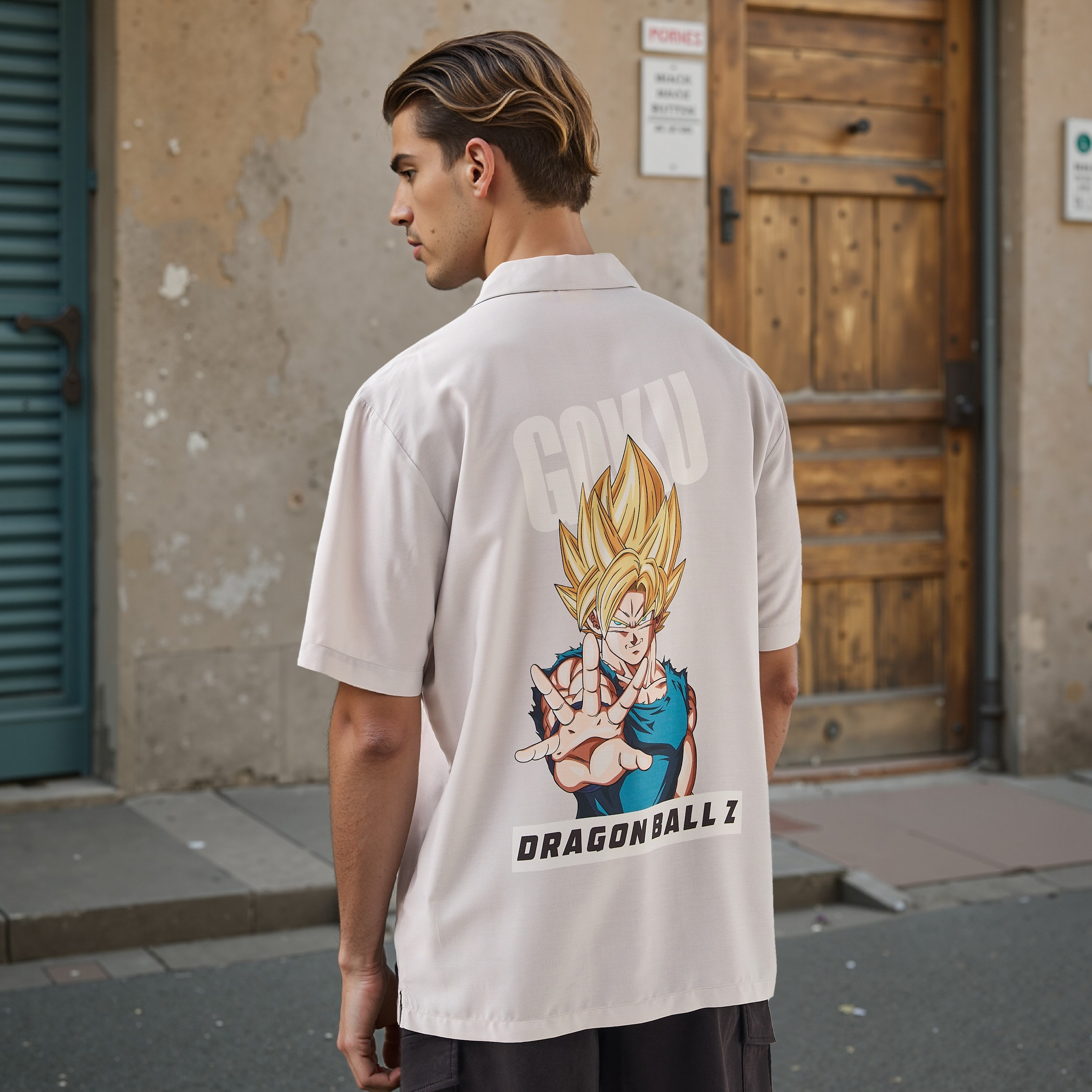Goku Print Relaxed Fit Linen Blend Shirt with Camp Collar and Short Sleeves-men-clothing-shirts-image-3