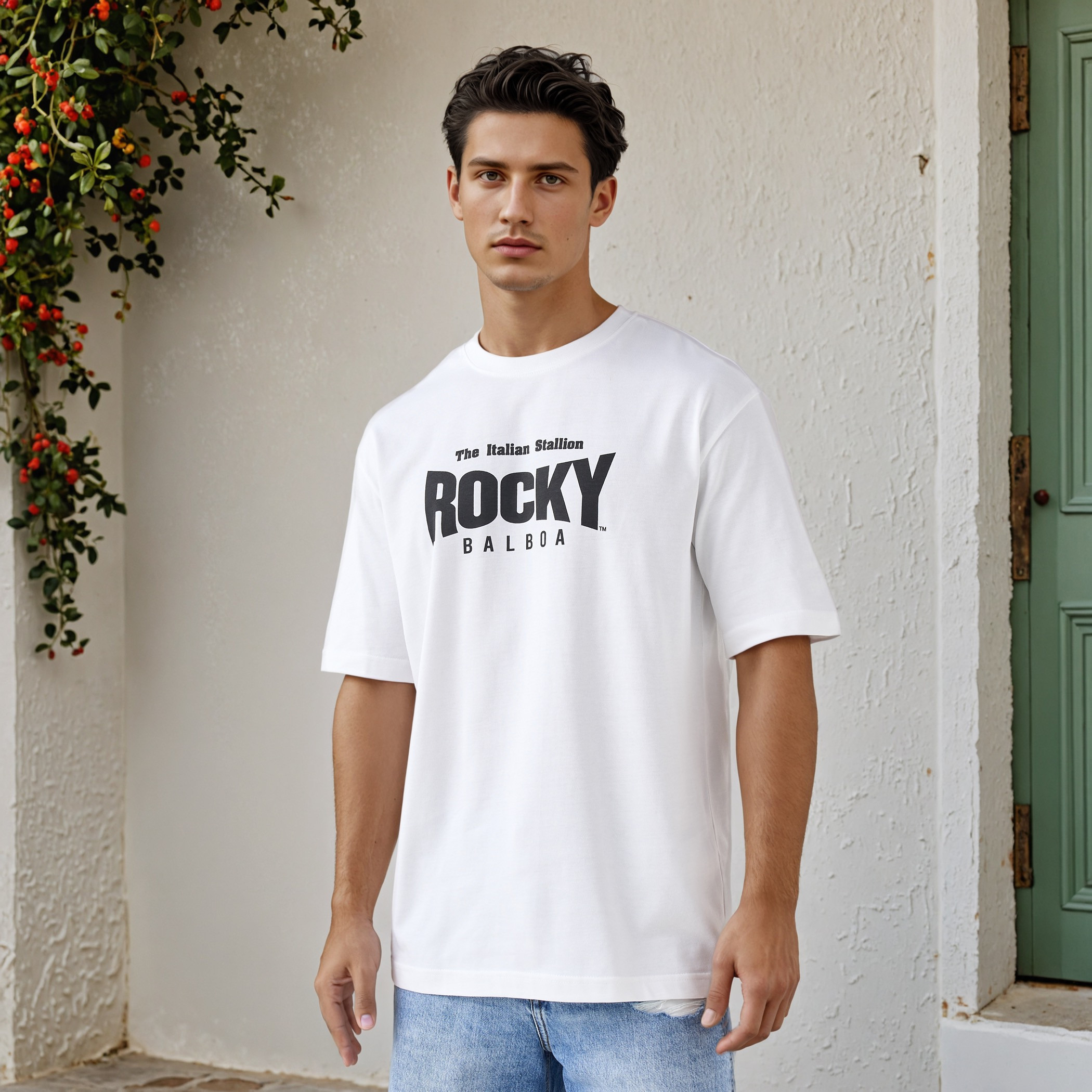تيشيرت بقصة مريحة وياقة ضيقة وأكمام قصيرة وطبعات للرجال-men-clothing-tshirtsandpolos-tshirts-image-1