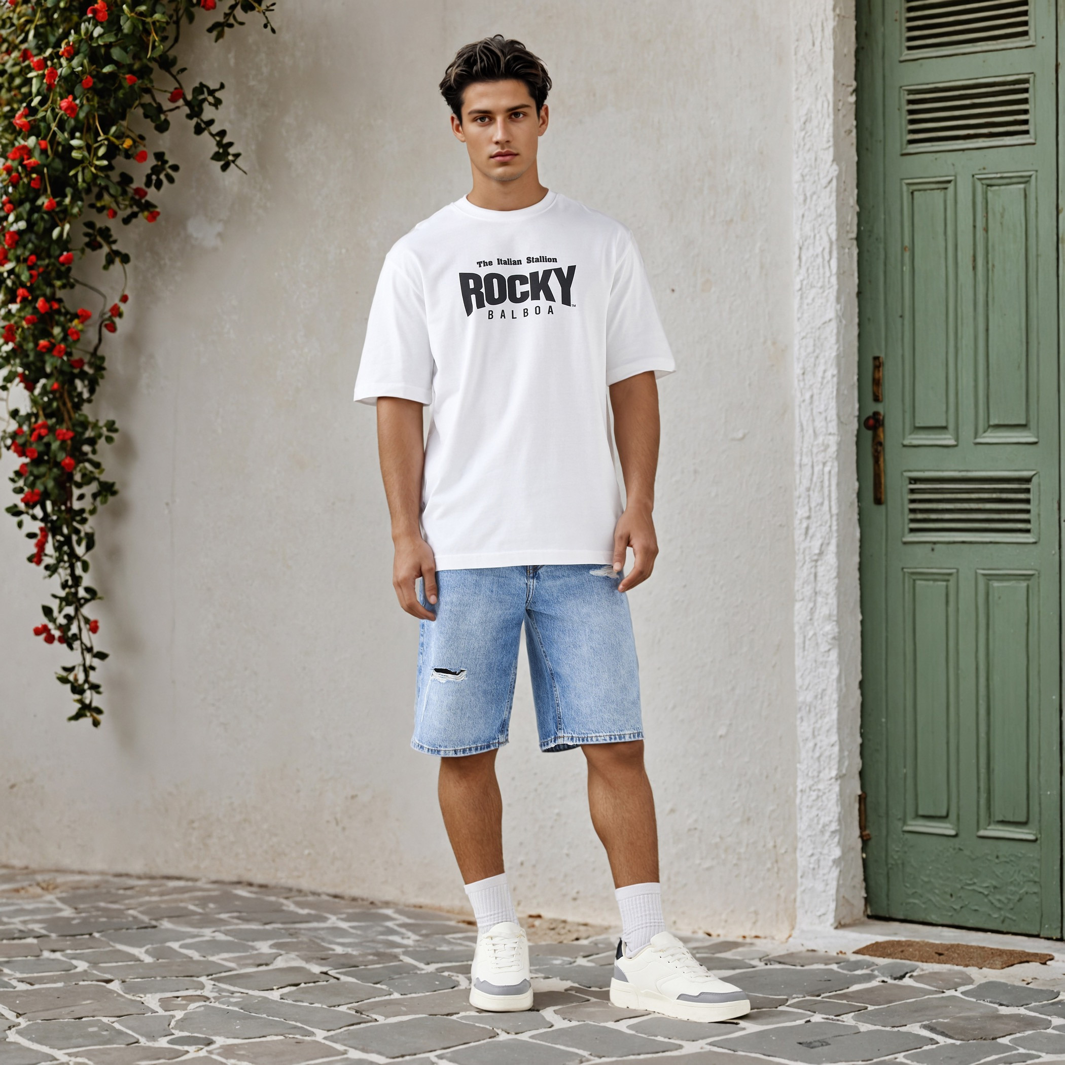 تيشيرت بقصة مريحة وياقة ضيقة وأكمام قصيرة وطبعات للرجال-men-clothing-tshirtsandpolos-tshirts-image-2