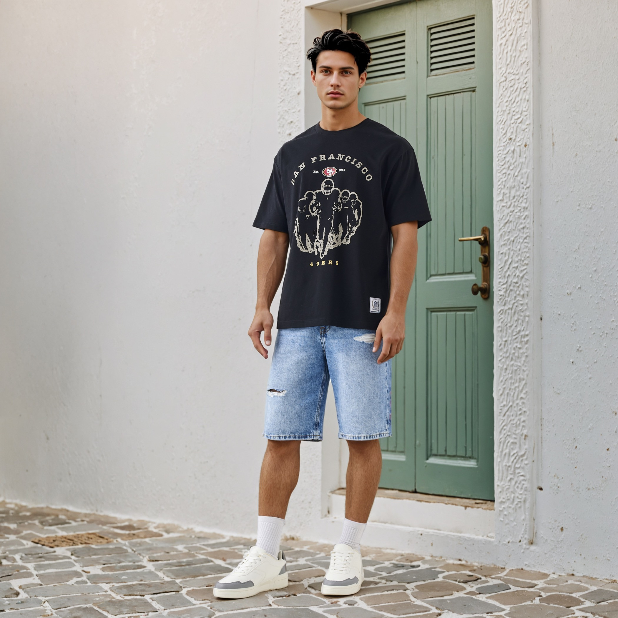 تيشيرت بقصة مريحة وياقة ضيقة وأكمام قصيرة بطبعات للرجال-men-clothing-tshirtsandpolos-tshirts-image-2