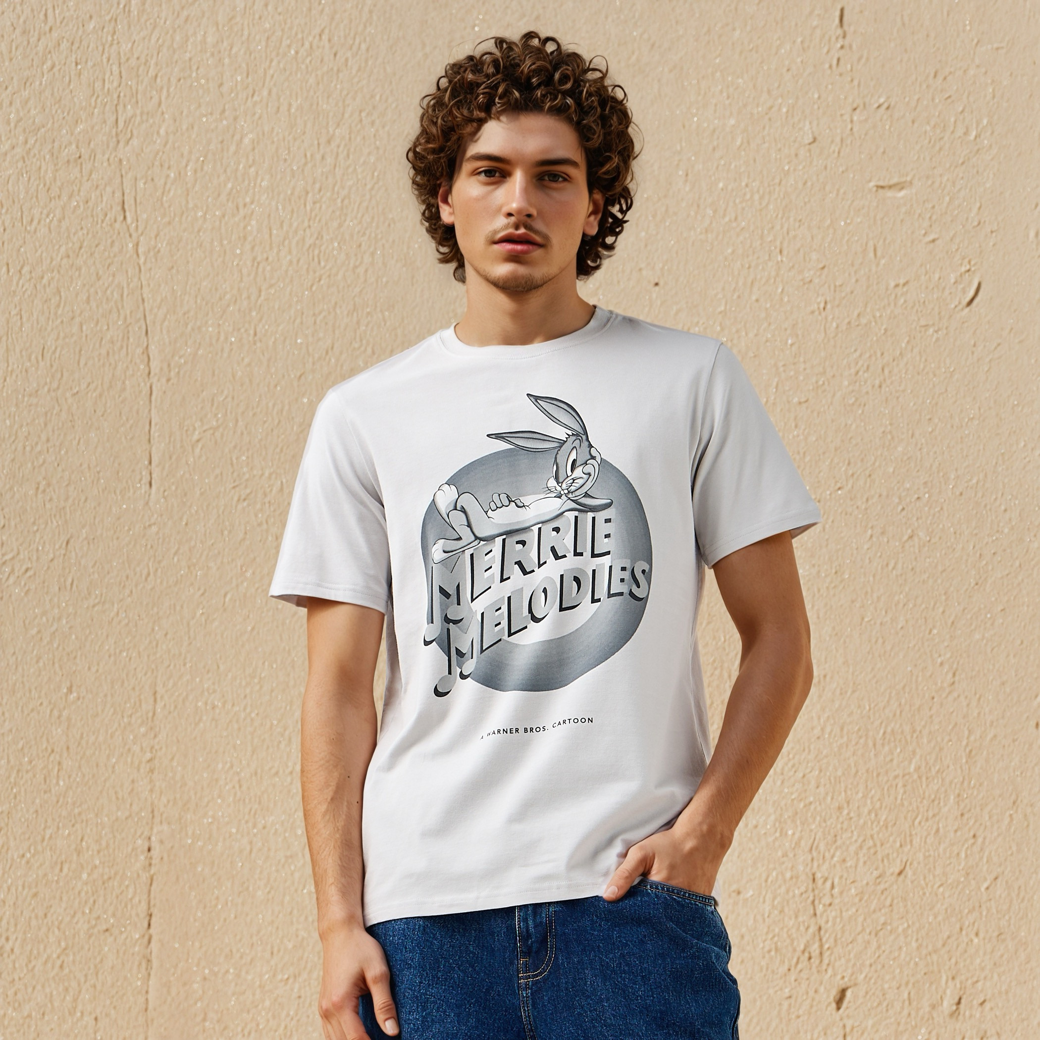 تيشيرت بياقة ضيقة وأكمام قصيرة وطبعات لوني تيونز للرجال-men-clothing-tshirtsandpolos-tshirts-image-1