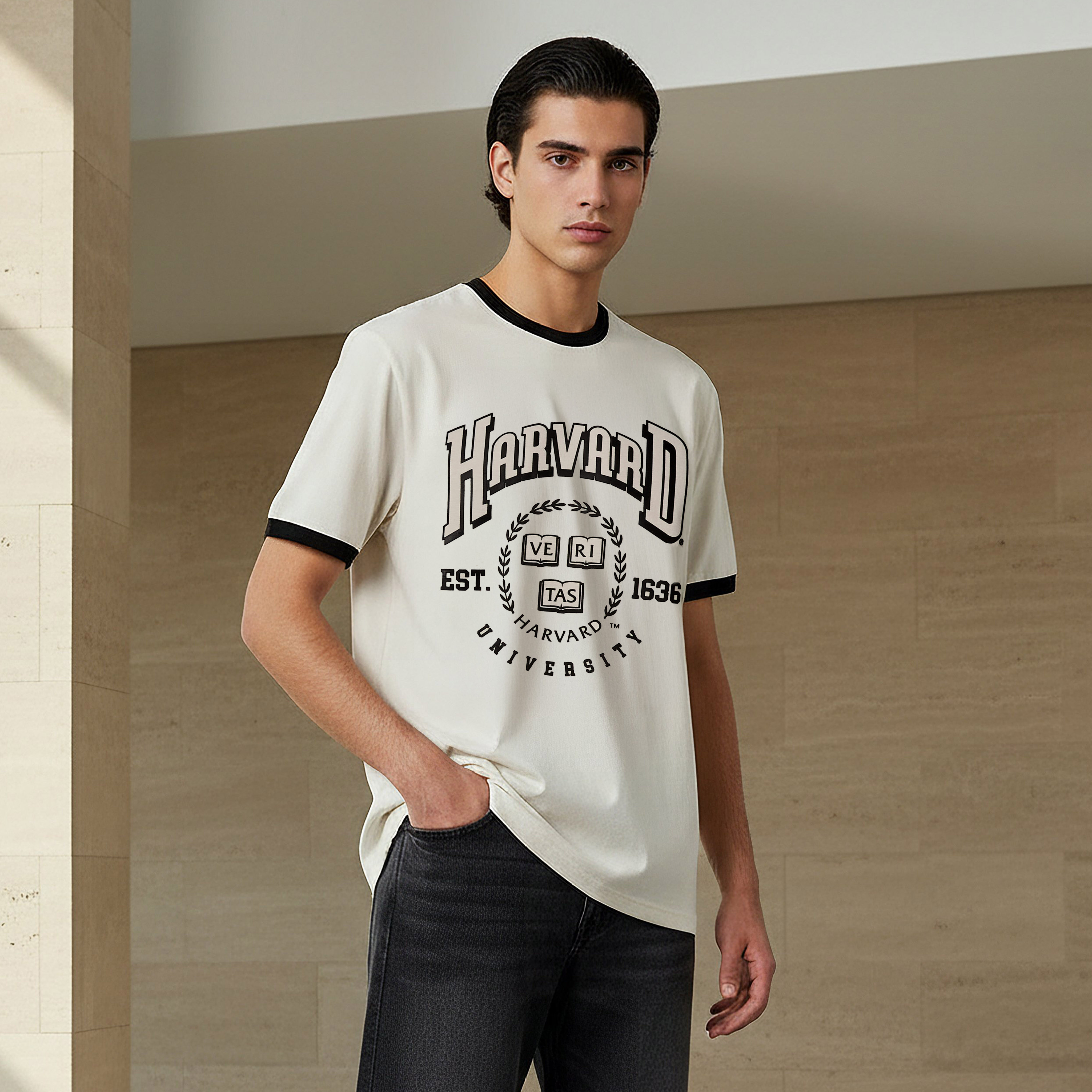 Harvard University Men Relaxed Fit Crew Neck Short Sleeves Ringer T-shirt-men-clothing-tshirtsandpolos-tshirts-image-1