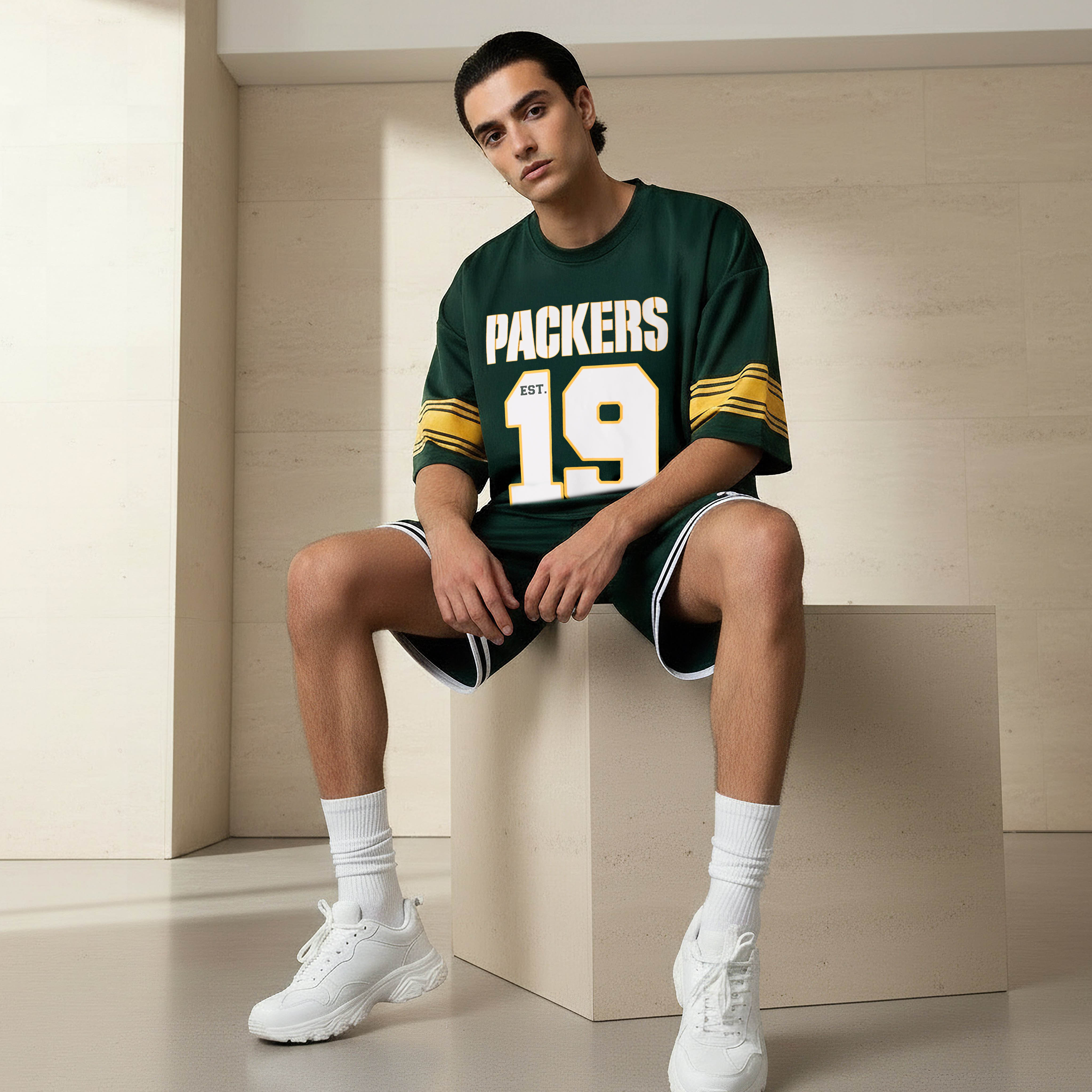 Men Relaxed Fit Round Neck Short Sleeves Green Bay Packers Print T-shirt-men-clothing-coordsets-image-5