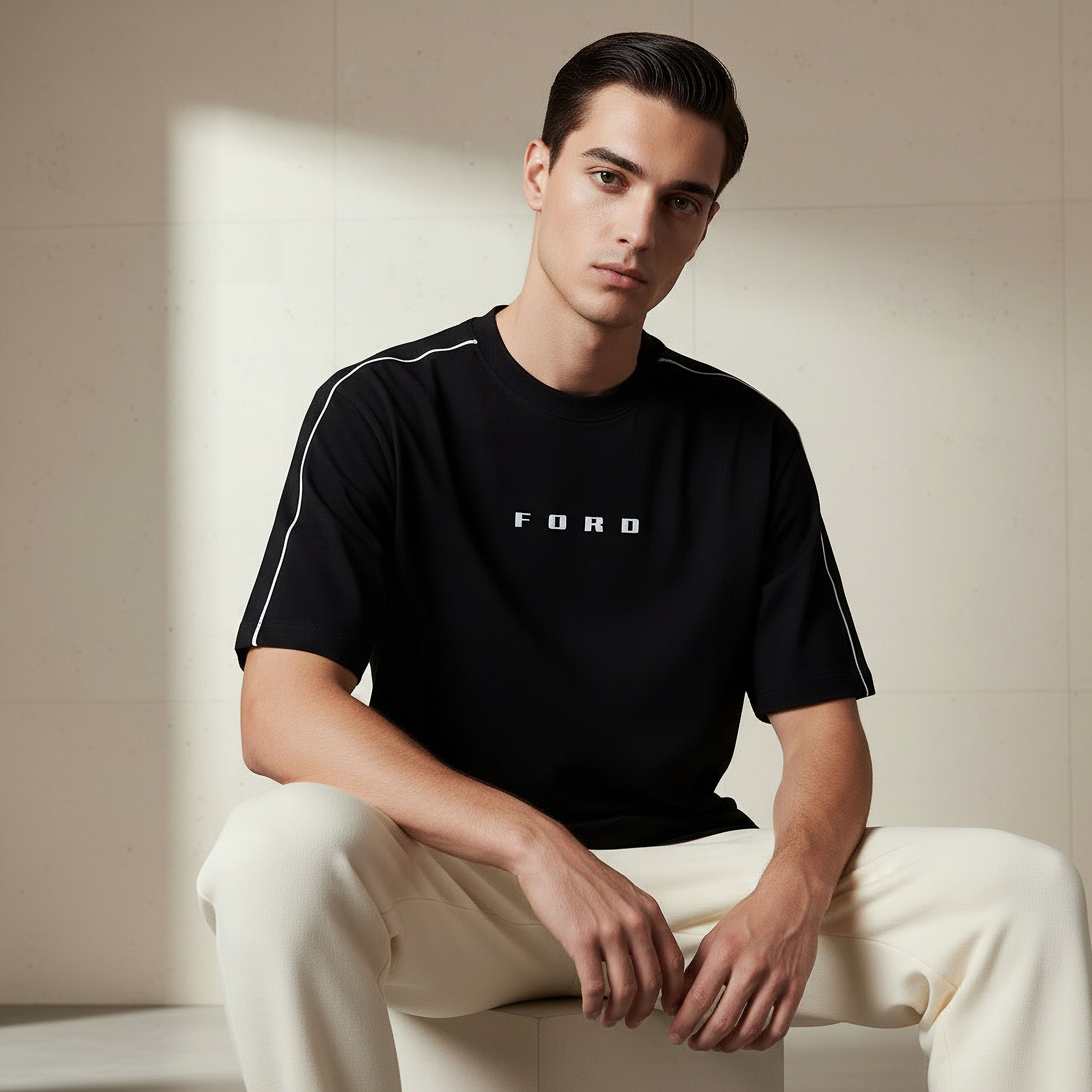تيشيرت بقصة عادية وياقة ضيقة وأكمام قصيرة وطبعات للرجال-men-clothing-tshirtsandpolos-tshirts-image-1