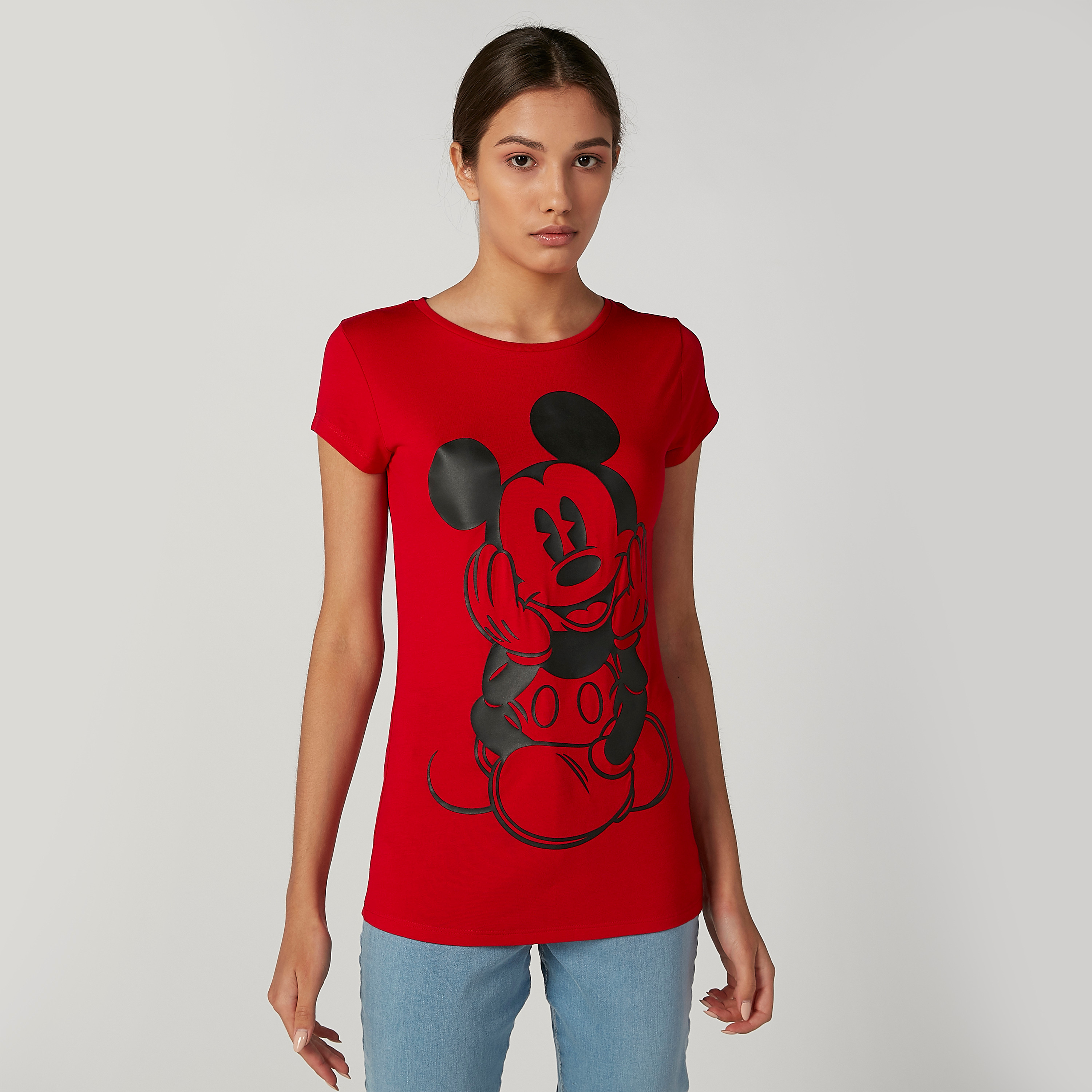 Skinny Fit Mickey Mouse Printed Round Neck T shirt with Short Sleeves