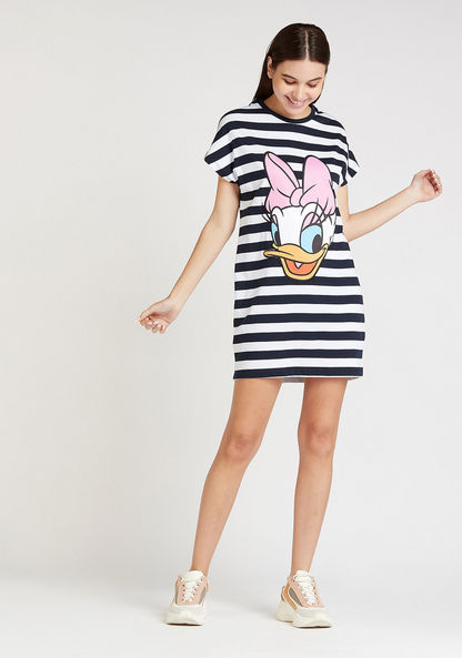 Daisy Duck Print Mini Shift Dress with Crew Neck and Extended Sleeves