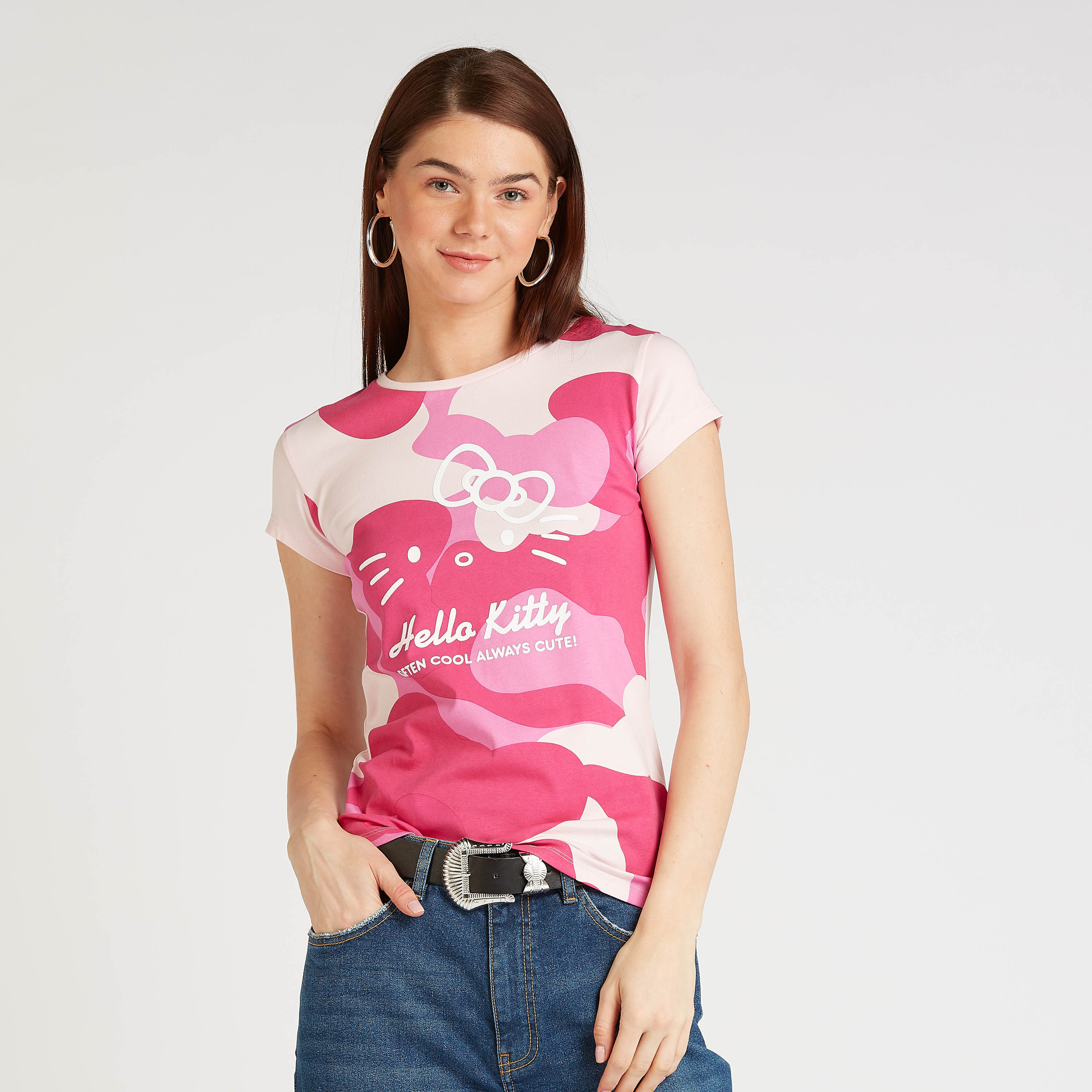 Shop Skinny Fit Hello Kitty Print T-shirt with Crew Neck and