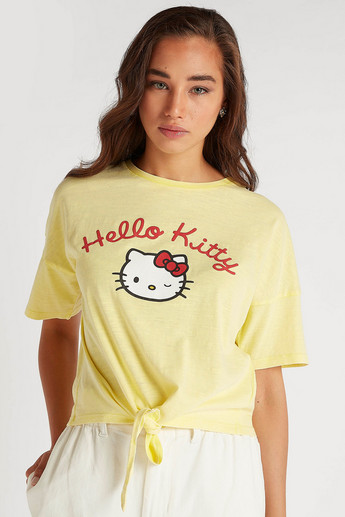 Sustainable Hello Kitty Print Crop T-shirt with Tie-Up Detail