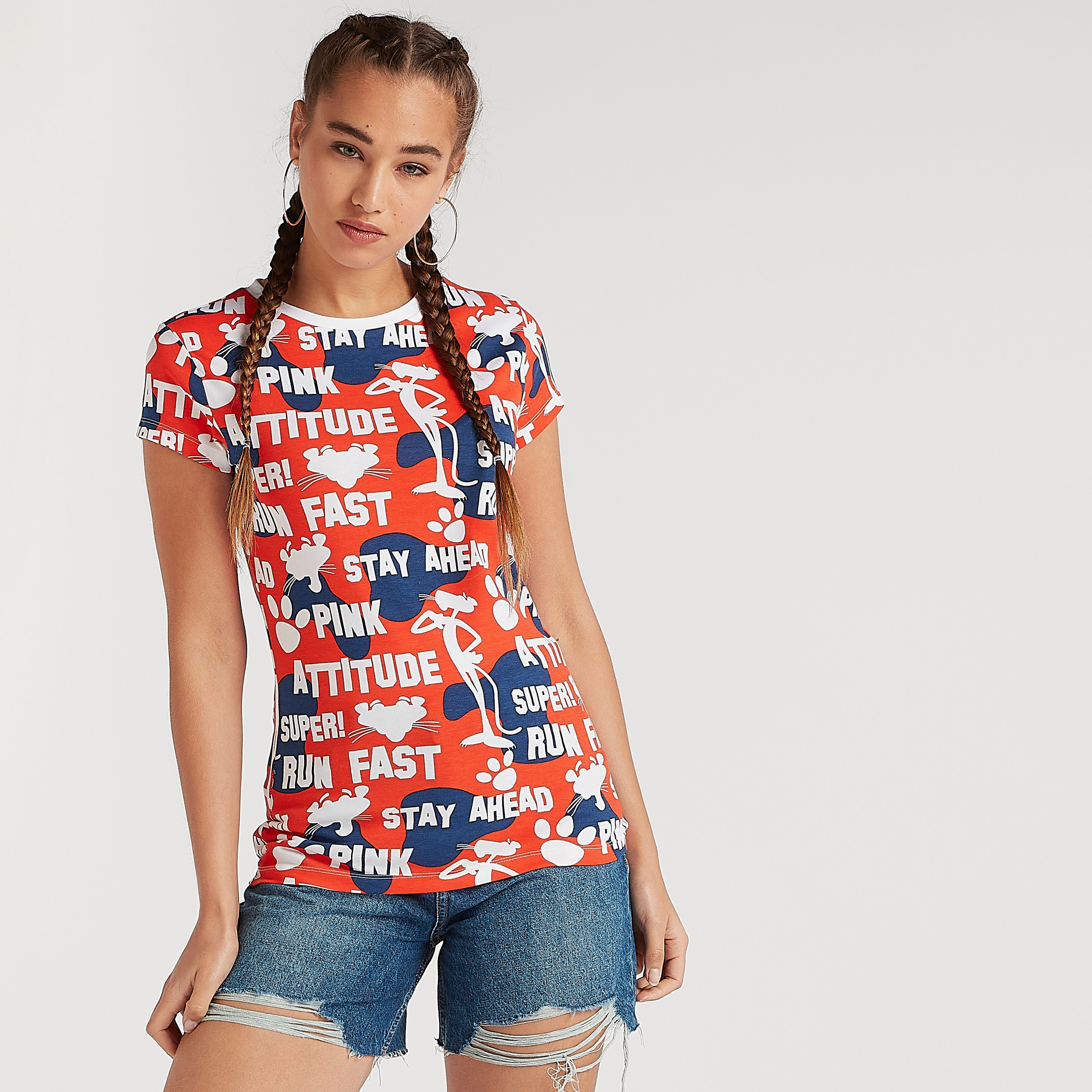 The Pink Panther Print Crew Neck T-shirt with Cap Sleeves-women-clothing-tshirts-image-3