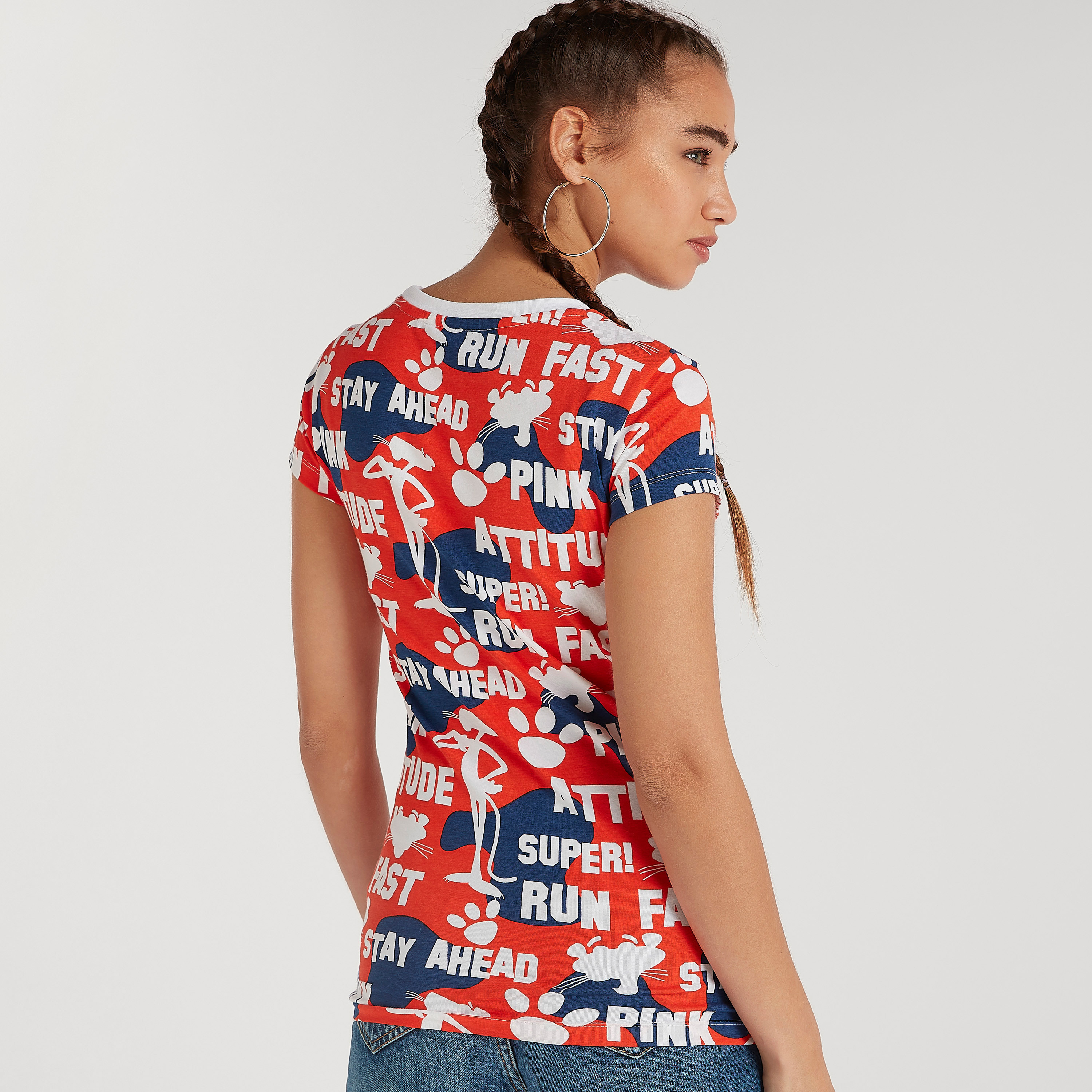 The Pink Panther Print Crew Neck T-shirt with Cap Sleeves-women-clothing-tshirts-image-4