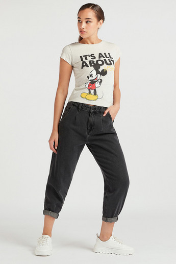 Mickey Mouse Print Crew Neck T-shirt with Cap Sleeves